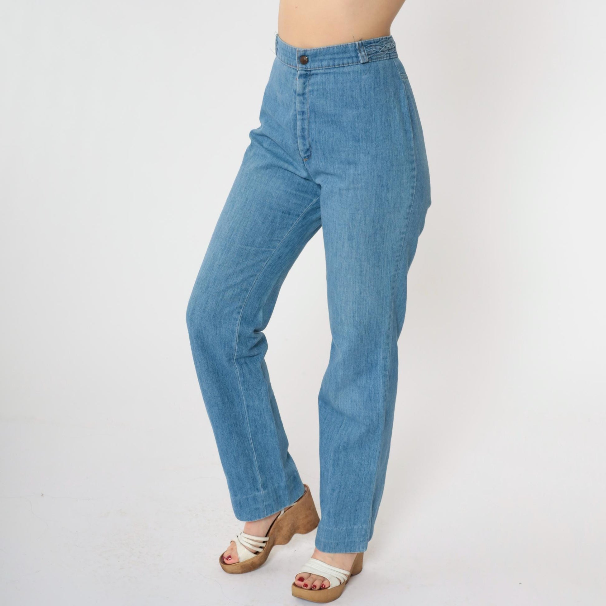 70s Levi's High Waist Straight Leg Jeans Blue Denim Braided Back XS