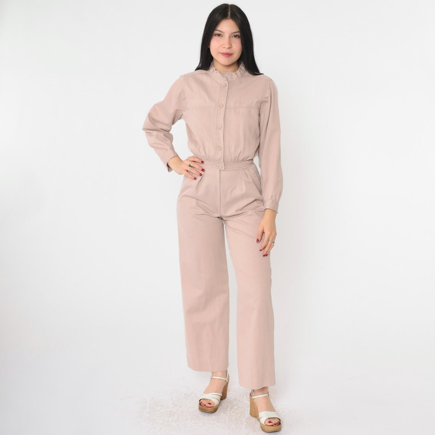 80s Warm Taupe Utility Jumpsuit Wide Leg Pleated Button Front Extra Small