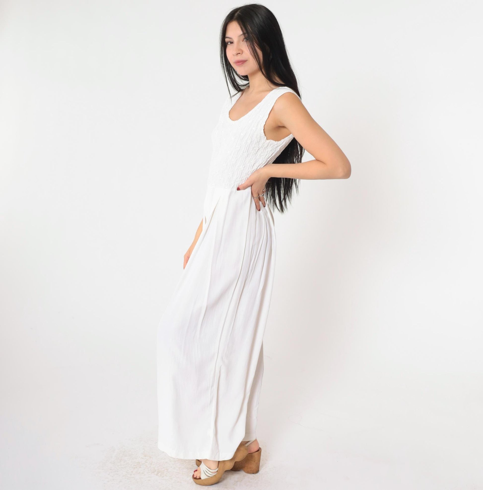 90s Express White Smocked Jumpsuit Sleeveless Wide Leg Scoop Neck Small