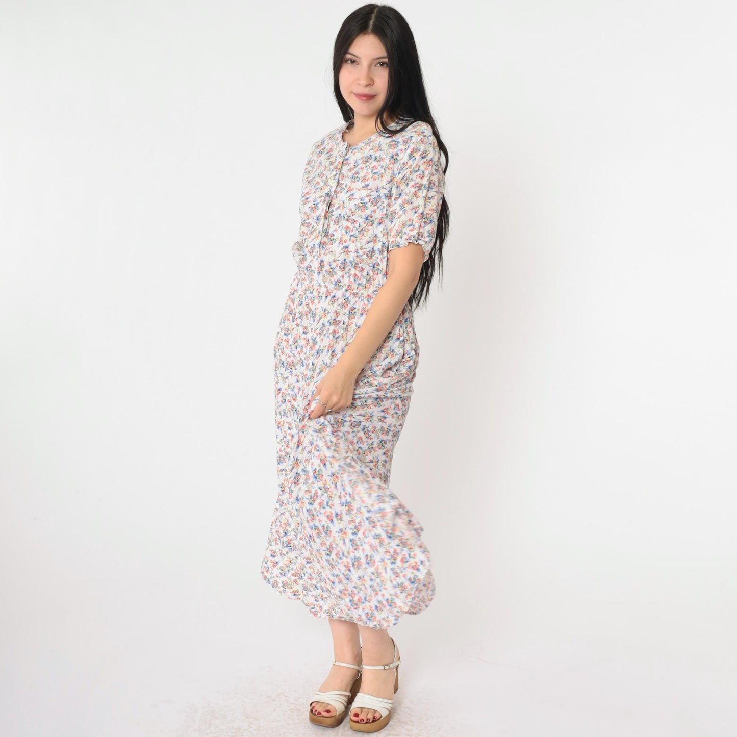 90s White Floral Print Button-Up Shirtdress Maxi Ankle Length Small