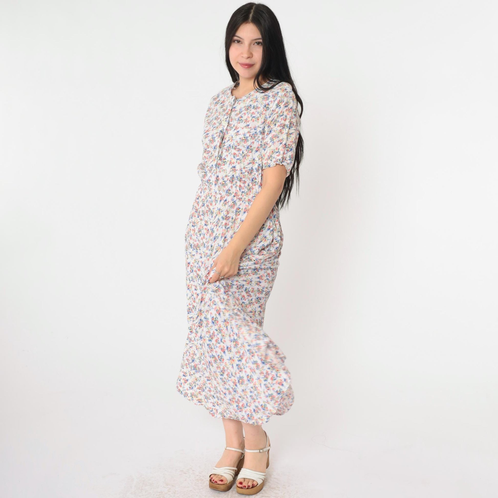 90s White Floral Print Button-Up Shirtdress Maxi Ankle Length Small