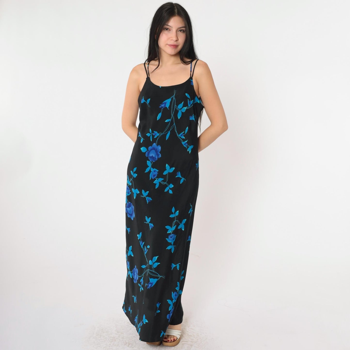 90s Jodi Michaels Floral Maxi Dress Black Spaghetti Strap Criss-Cross Medium