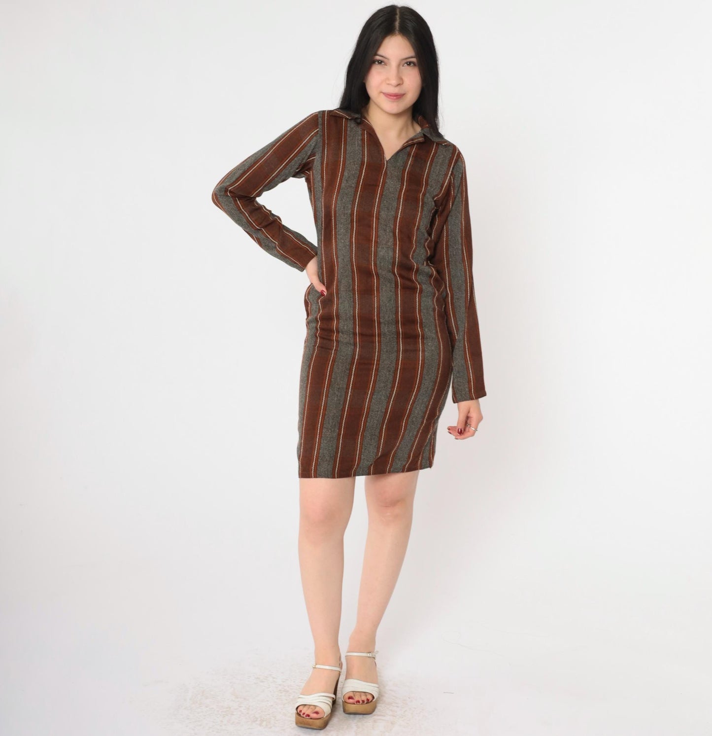 70s Striped Shift Dress Mini V-Neck Long Sleeve Grey Brown Orange Extra Small