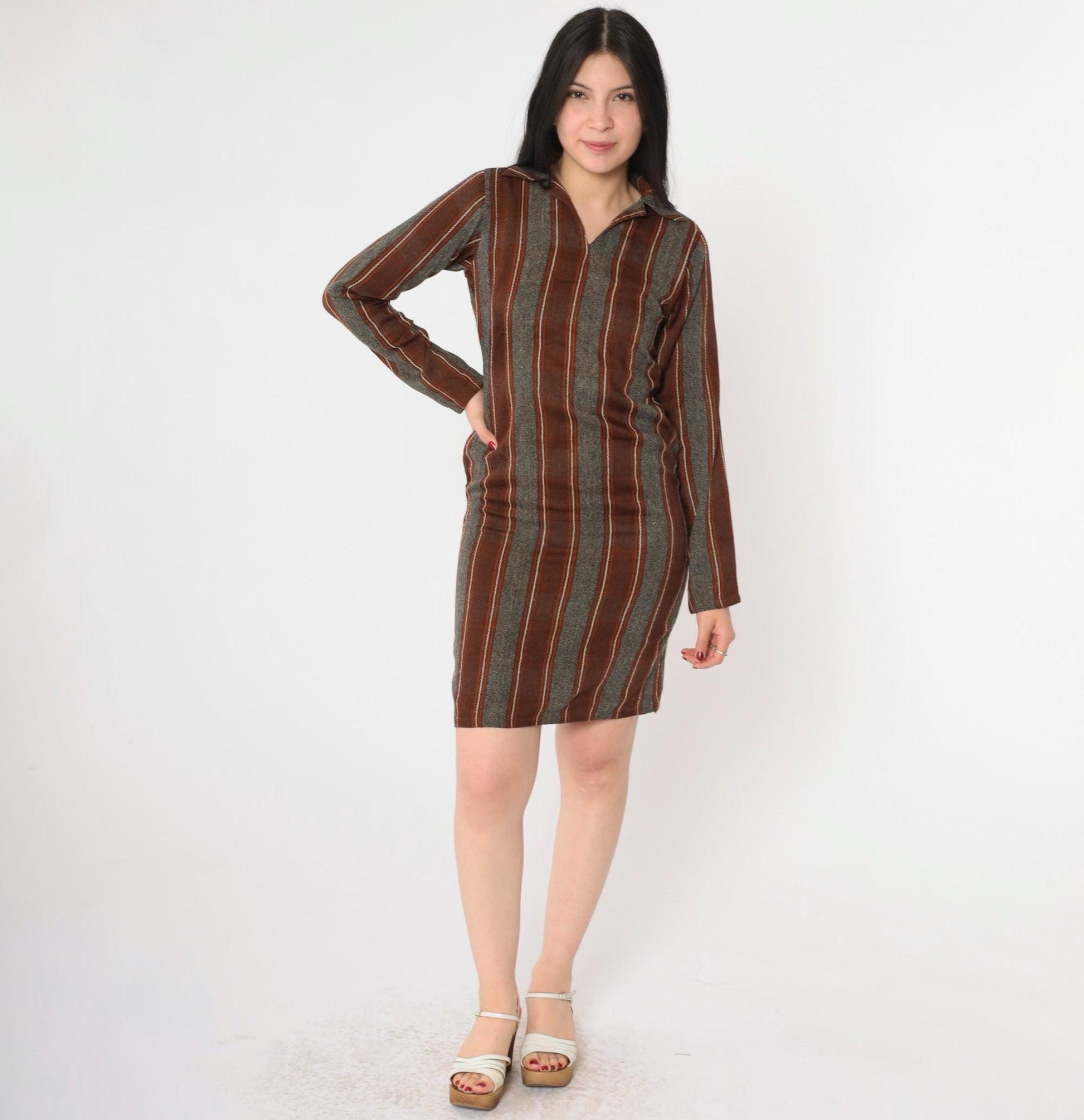 70s Striped Shift Dress Mini V-Neck Long Sleeve Grey Brown Orange Extra Small