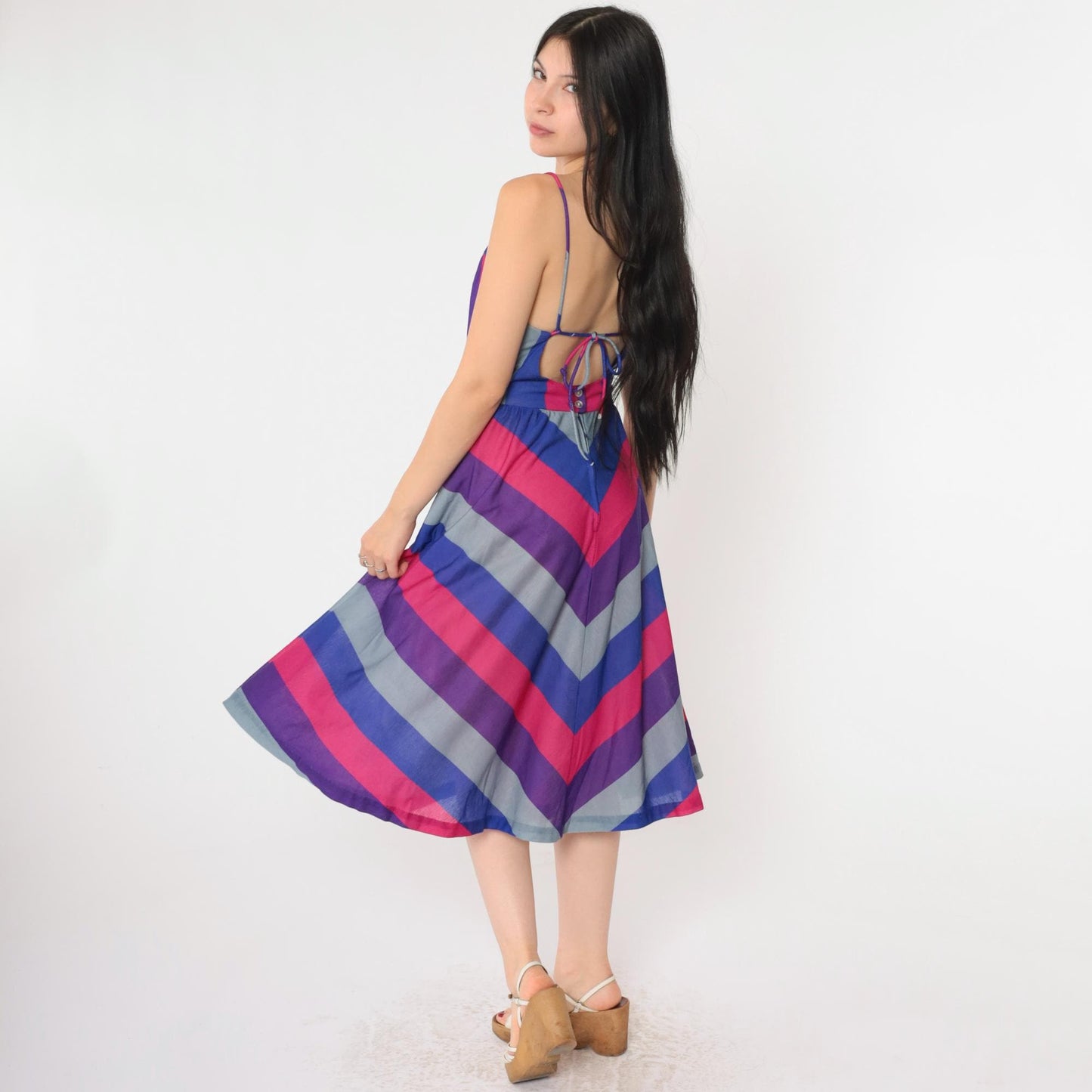 80s Chevron Striped Midi Sundress Open Back Spaghetti Strap Blue Pink Purple Small