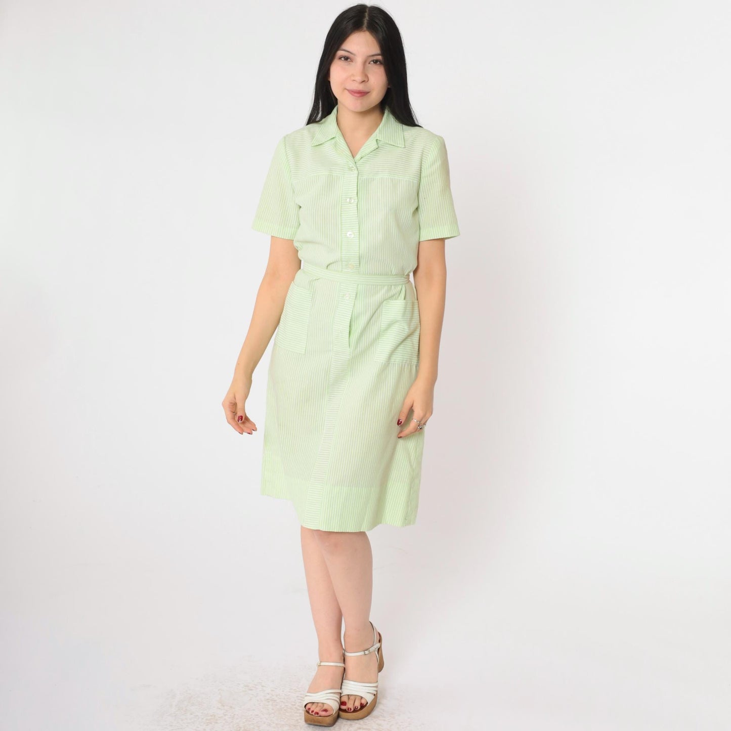 60s Nancy Frock Pastel Green Striped Button-Up Shift Dress Knee-Length Small