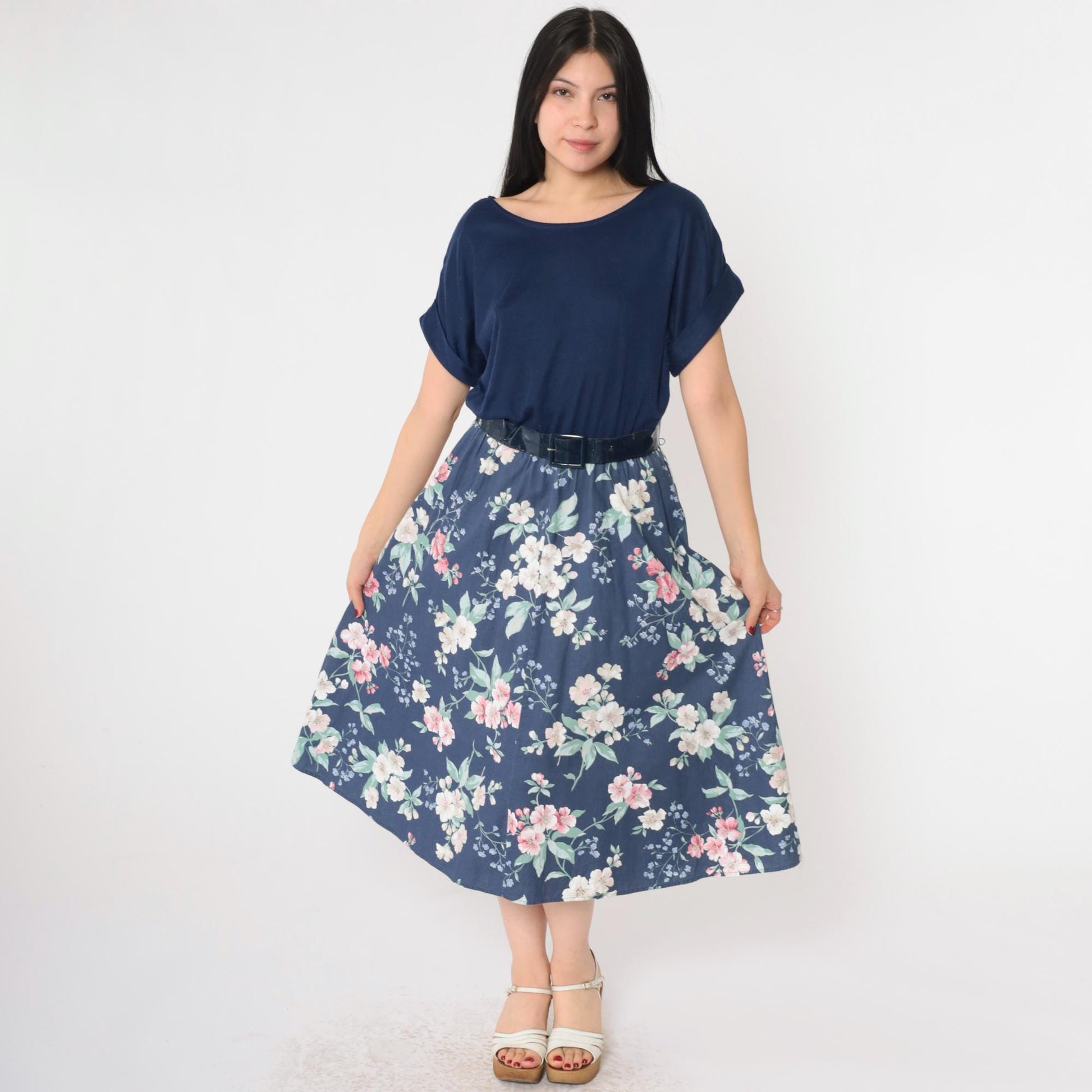80s Navy Floral Midi Dress High Waist Belted Blouson Short Sleeve Small Medium