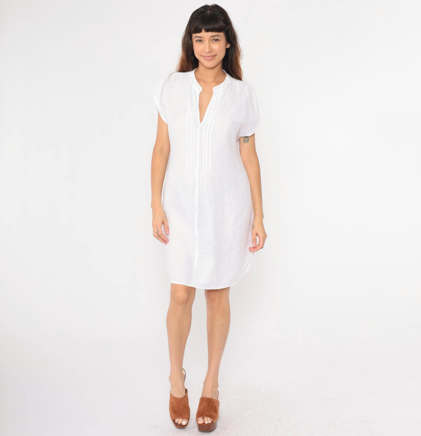 Y2K White Linen Midi Dress Pintuck Pleated Cap Sleeve Shift Large L