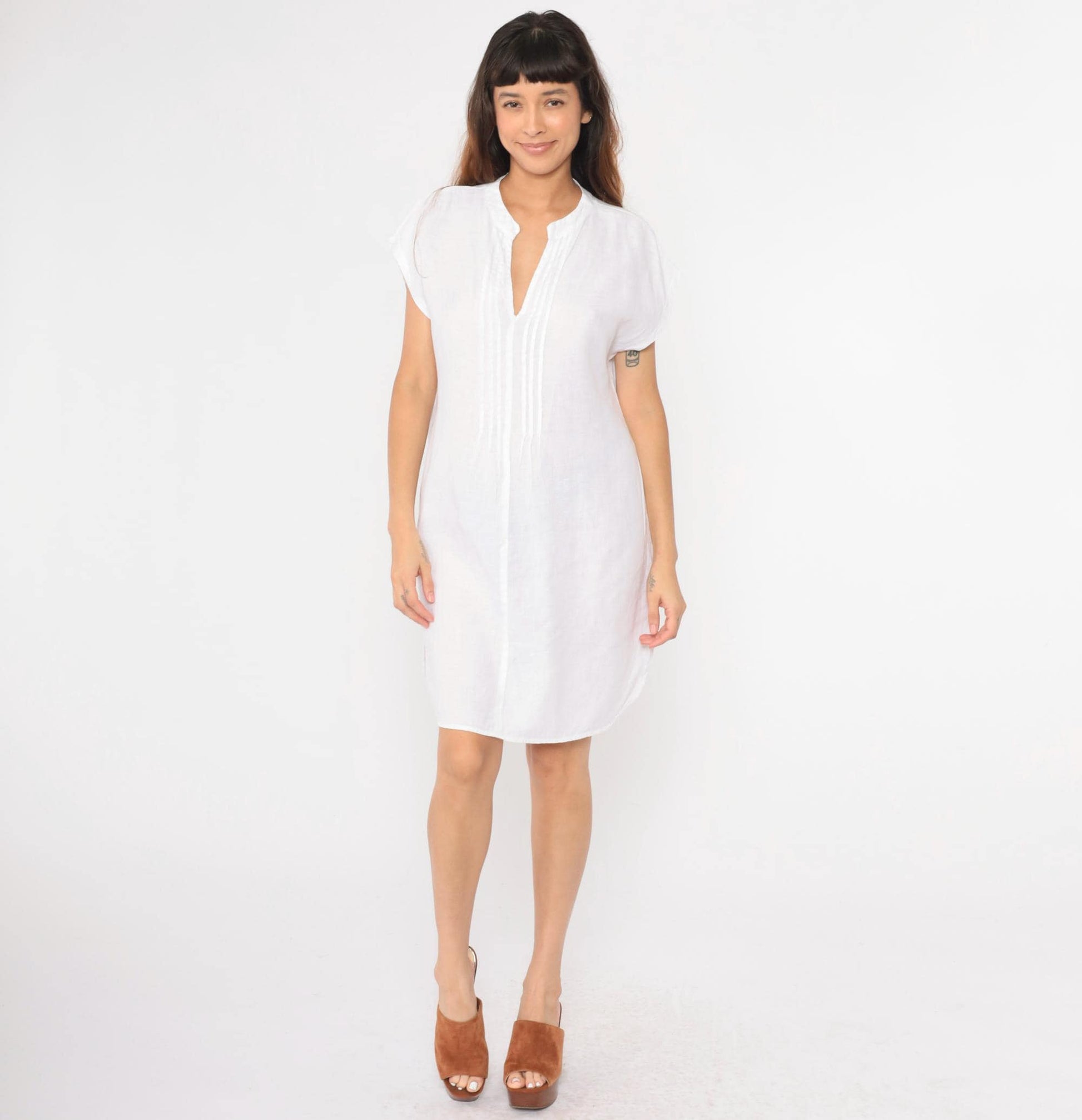 Y2K White Linen Midi Dress Pintuck Pleated Cap Sleeve Shift Large L