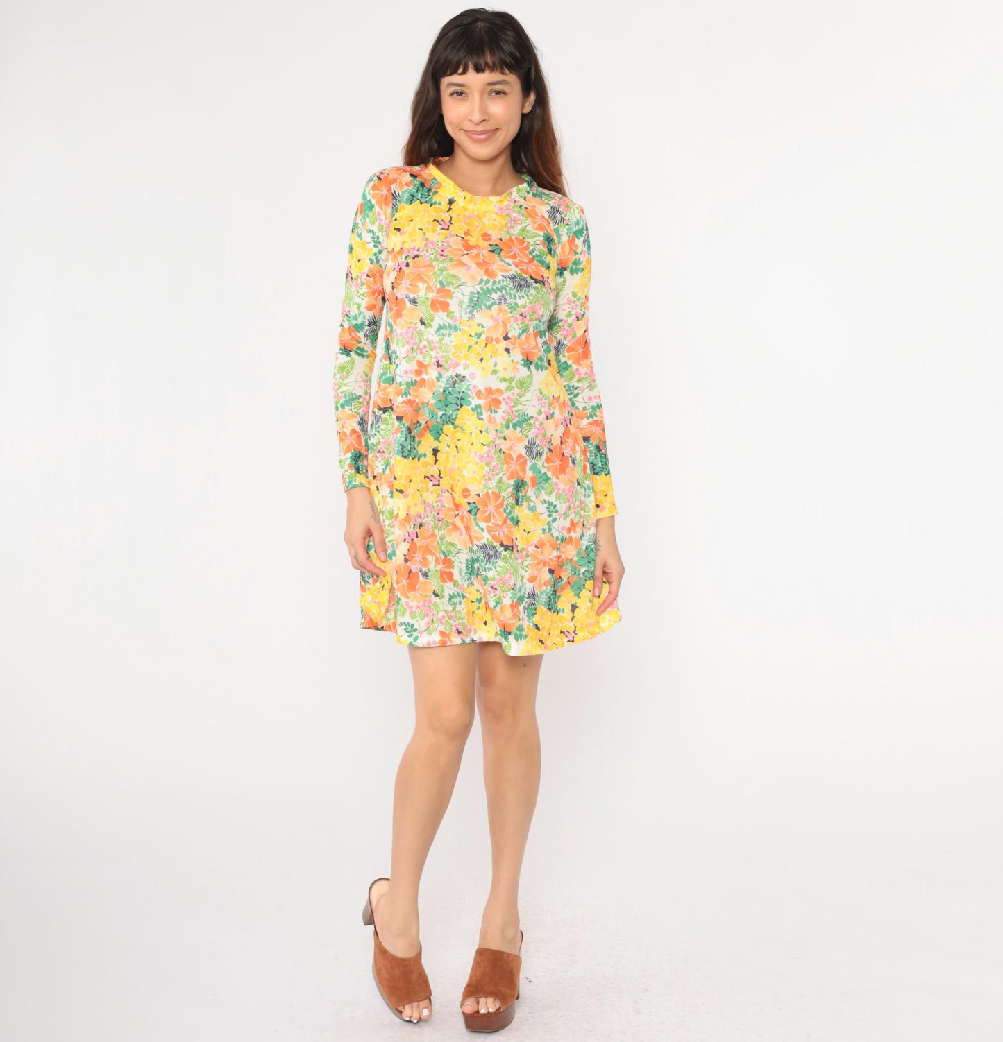 70s Floral Mini Dress Shift Cut Long Sleeve A-Line Yellow Green Orange Small
