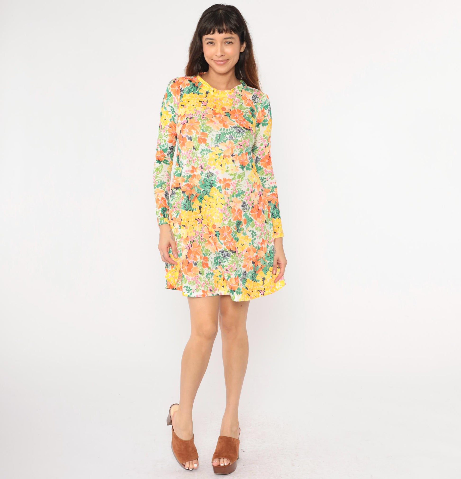 70s Floral Mini Dress Shift Cut Long Sleeve A-Line Yellow Green Orange Small