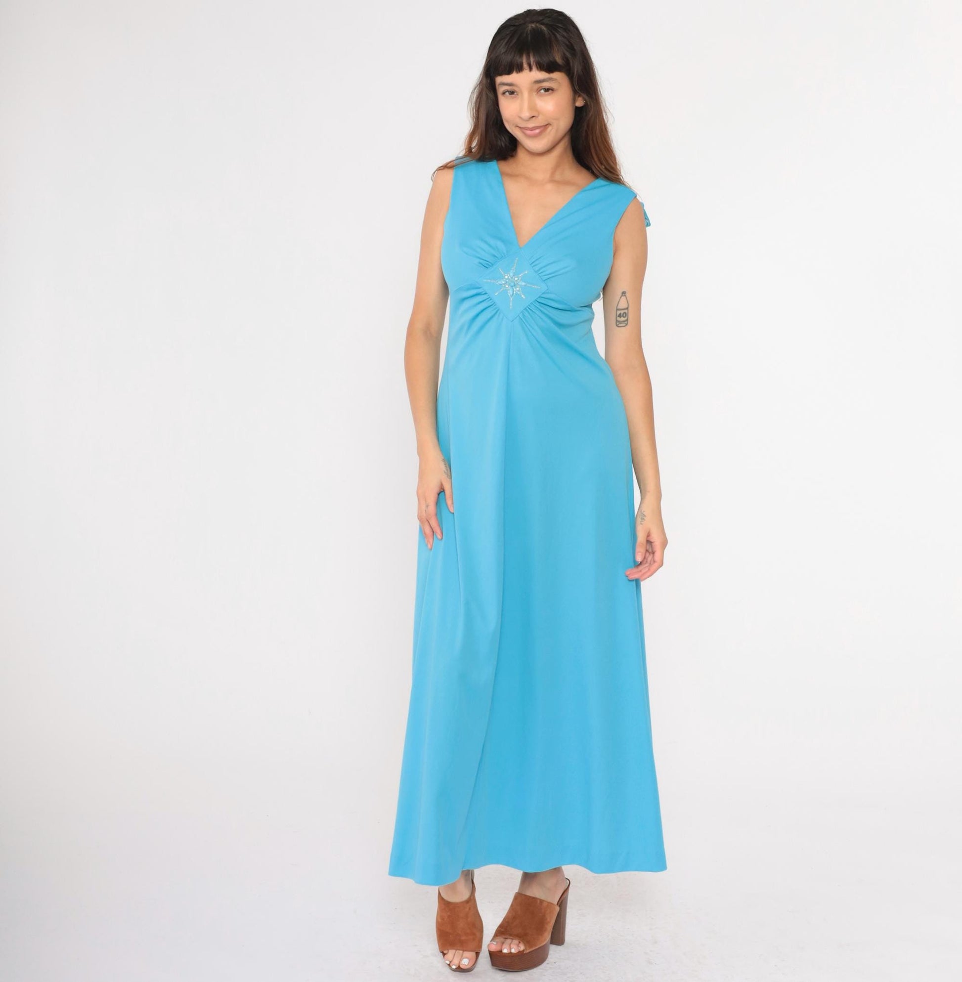 70s Blue Maxi Dress Rhinestone Beaded Empire Waist V Neck Sleeveless Medium