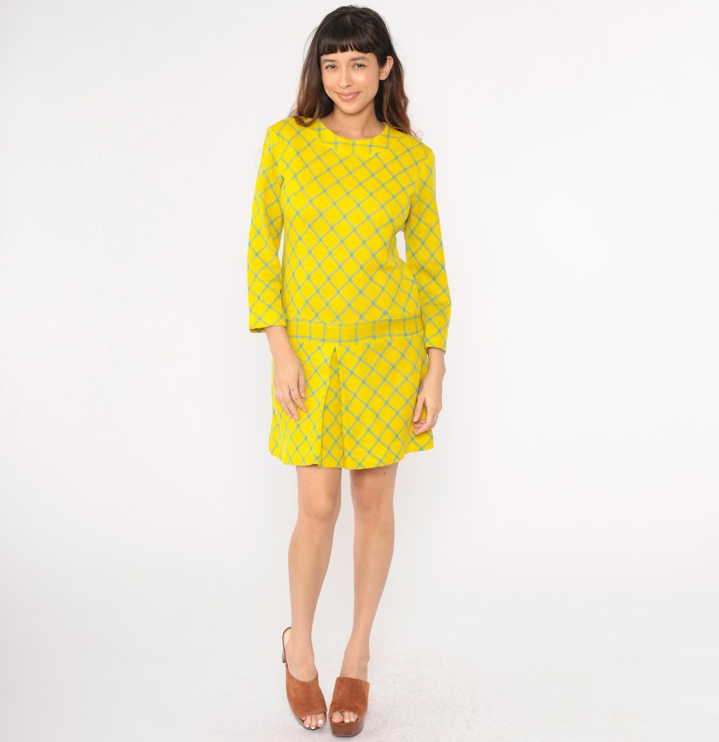 60s Yellow Checkered Drop Waist Mini Dress Long Sleeve Pleated Scooter Small