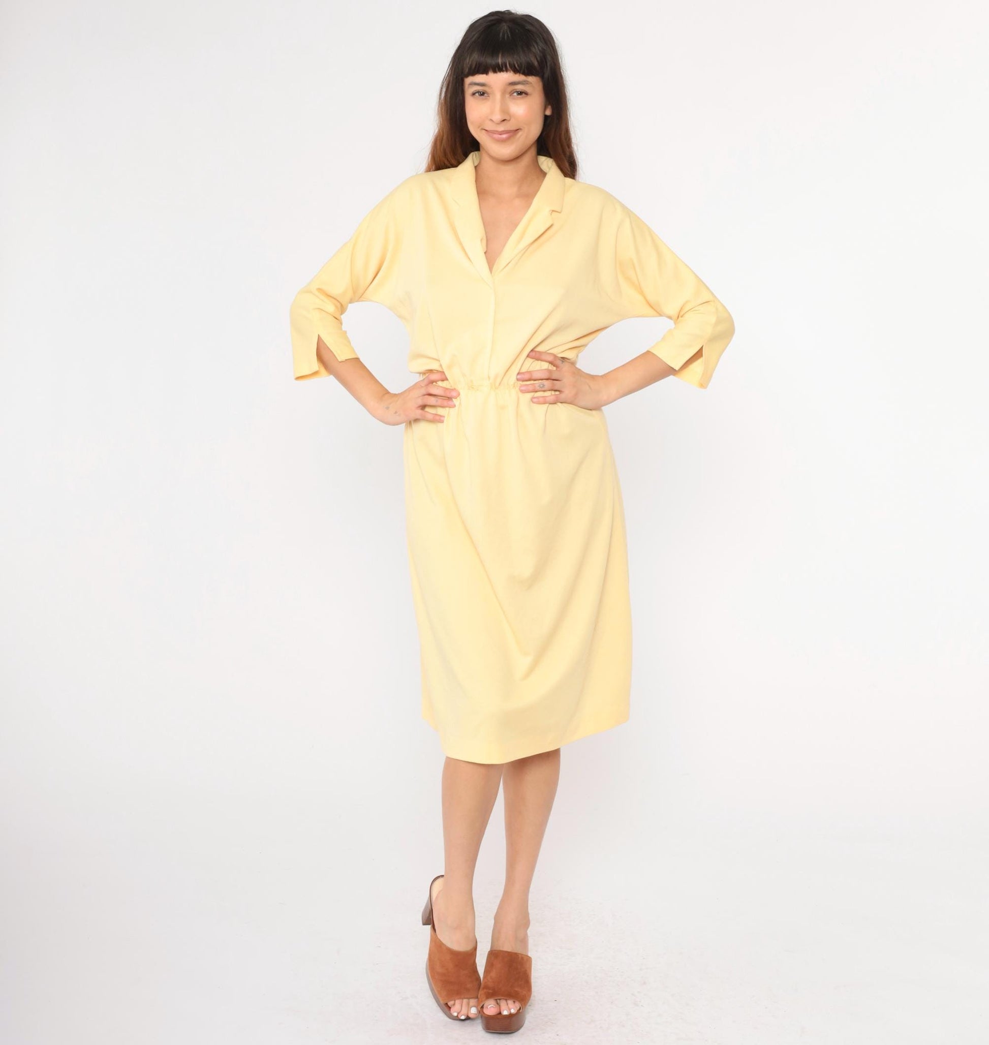 80s Yellow Midi Dress V Neck High Waist 3/4 Sleeve Small Medium