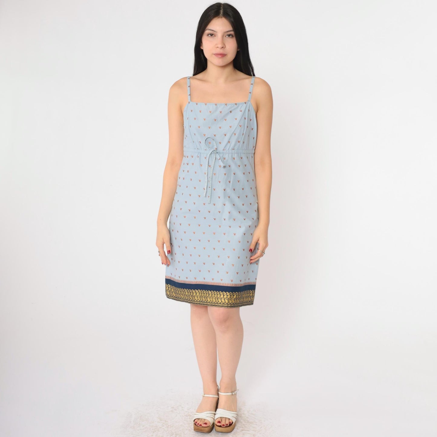 Y2K Metallic Paisley Sundress Light Blue Spaghetti Strap Mini Small