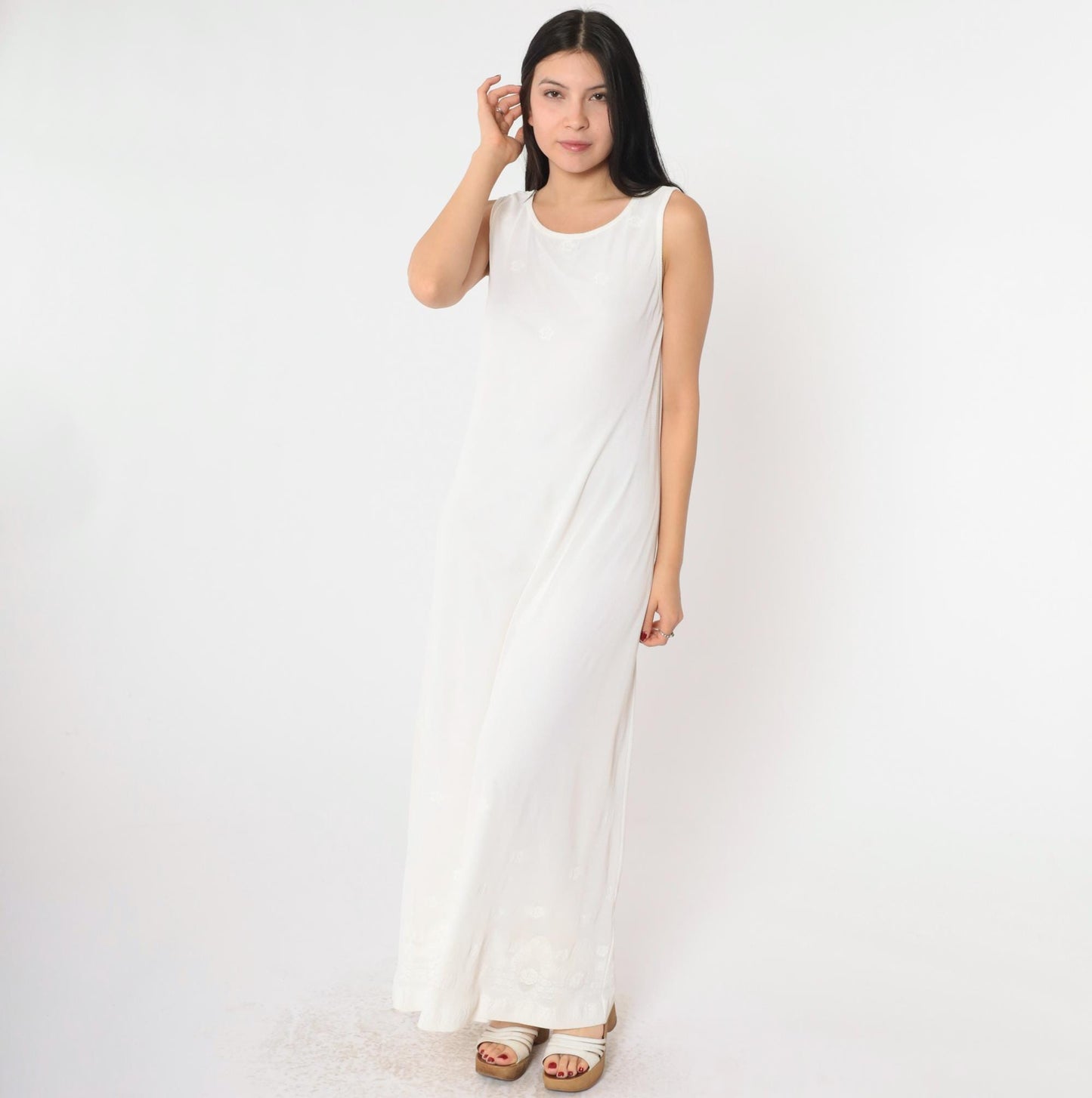 90s White Mesh Floral Lace Maxi Dress Sleeveless Scoop Neck Small