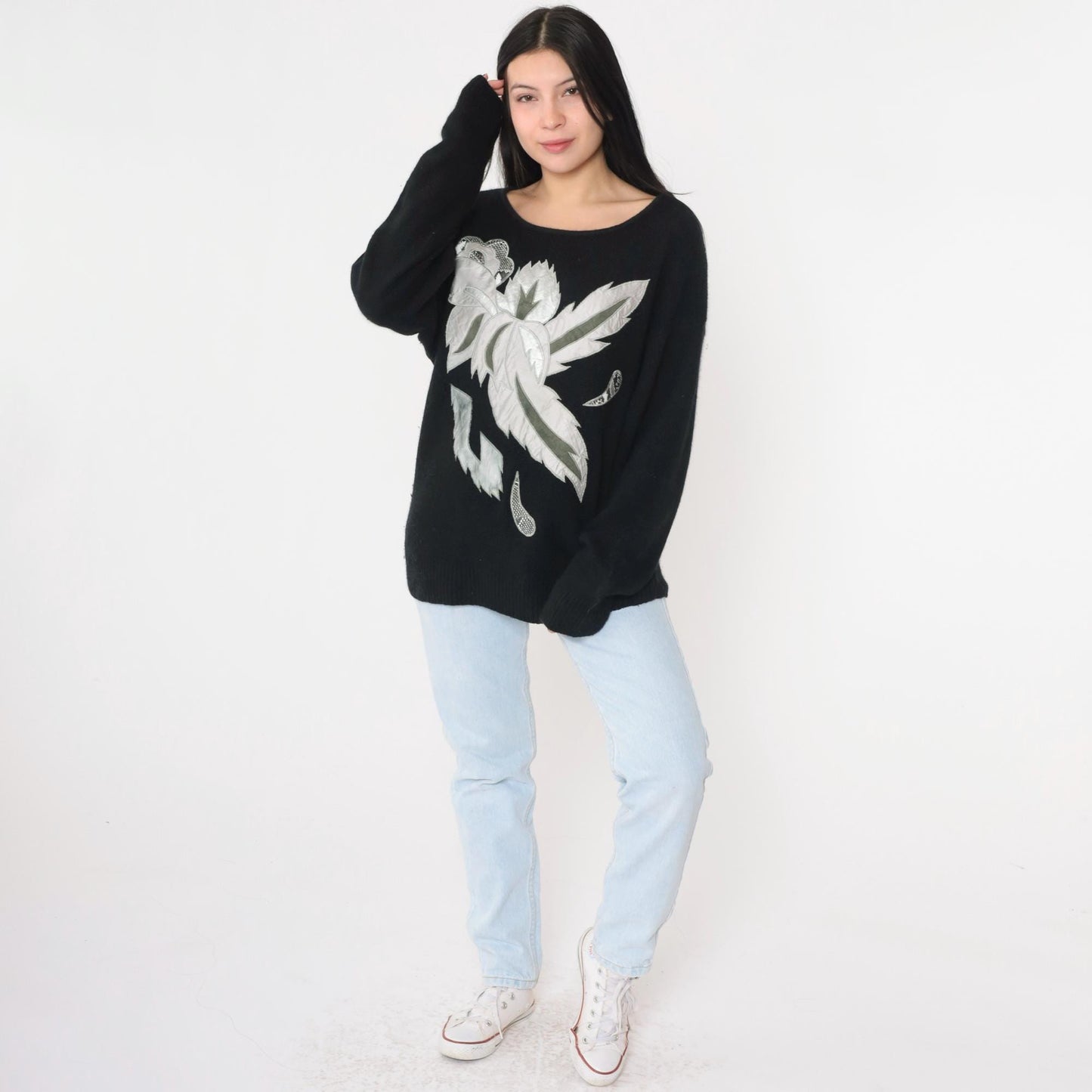 80s Karominz II Silk Angora Sweater Metallic Leaf Print Black Medium