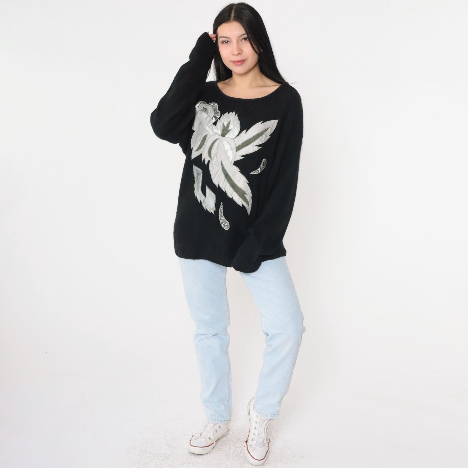 80s Karominz II Silk Angora Sweater Metallic Leaf Print Black Medium