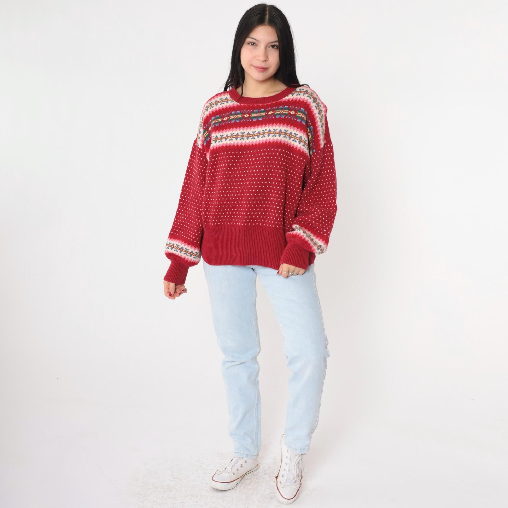 90s Susan Bristol Fair Isle Sweater Striped Snowflake Knit Medium