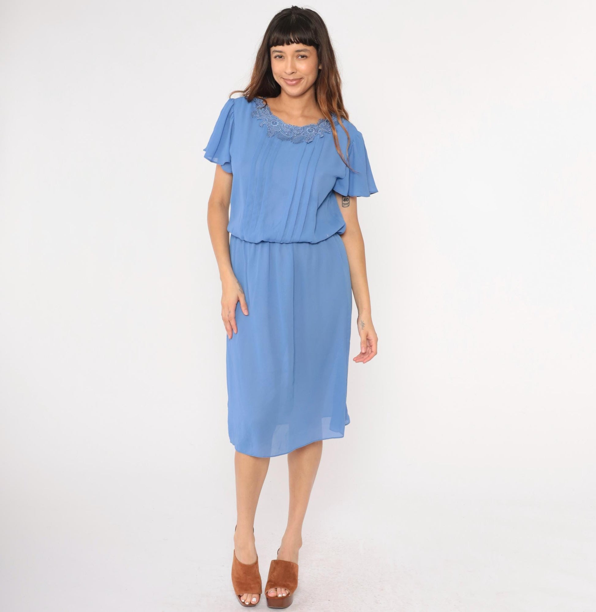 80s Blue Midi Dress Lace Collar Flutter Sleeve High Waist Pleated Medium
