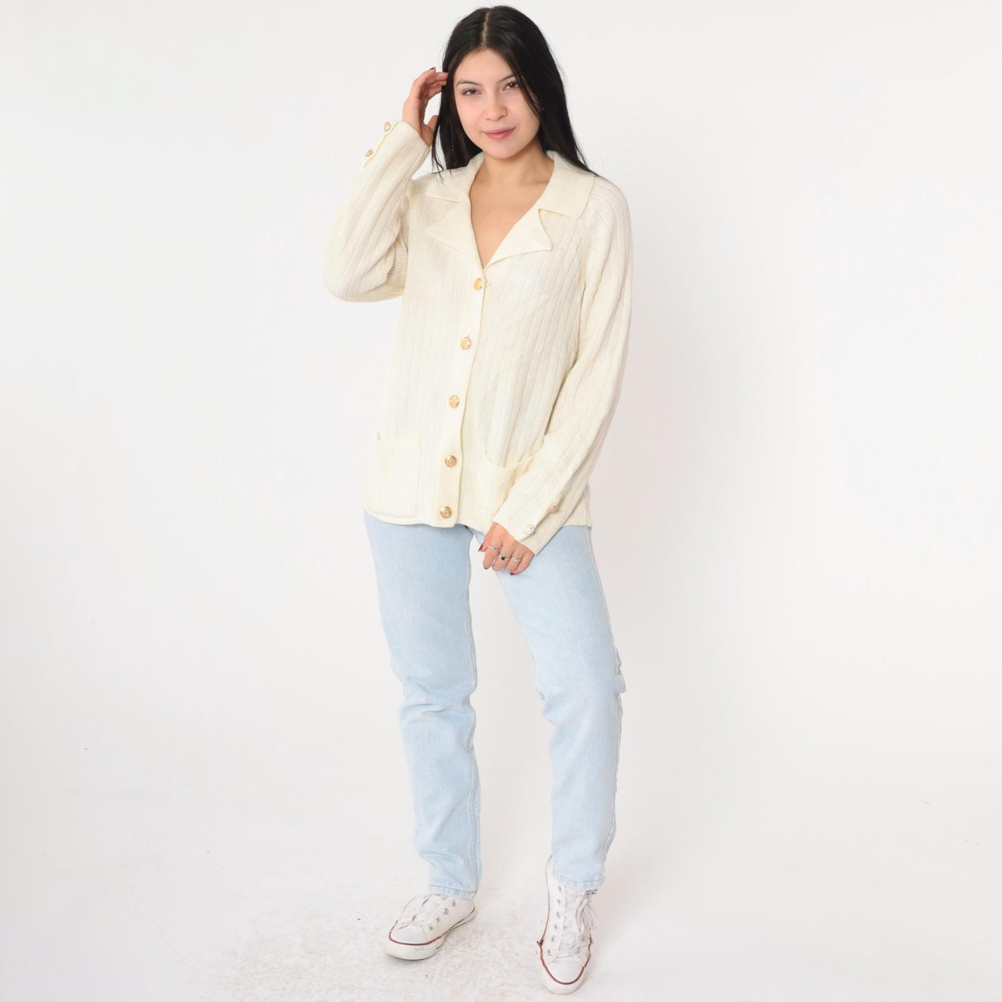80s Ms. Casuals Cream Acrylic Cardigan Gold Eagle Buttons Medium