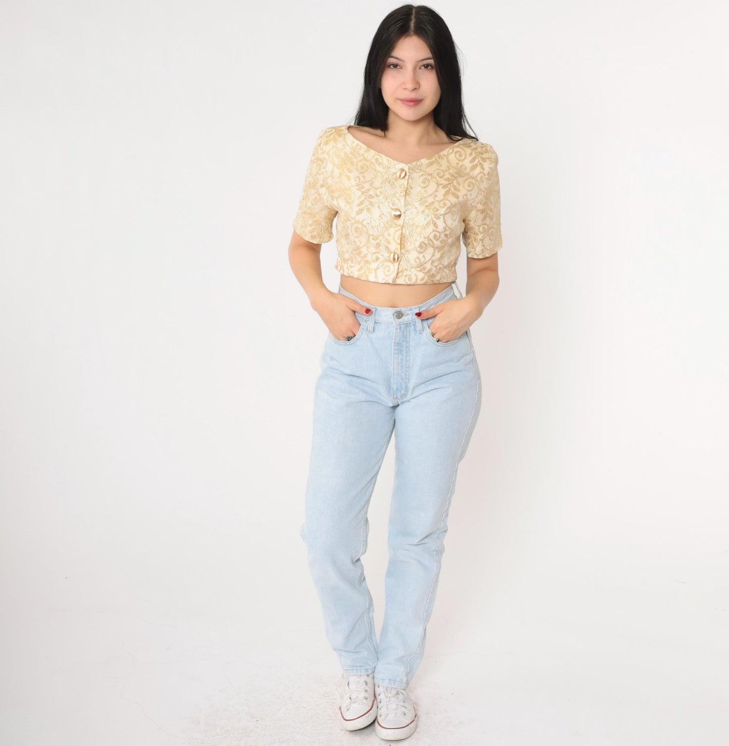90s Cream Gold Metallic Lace Crop Top Button Up Blouse Small