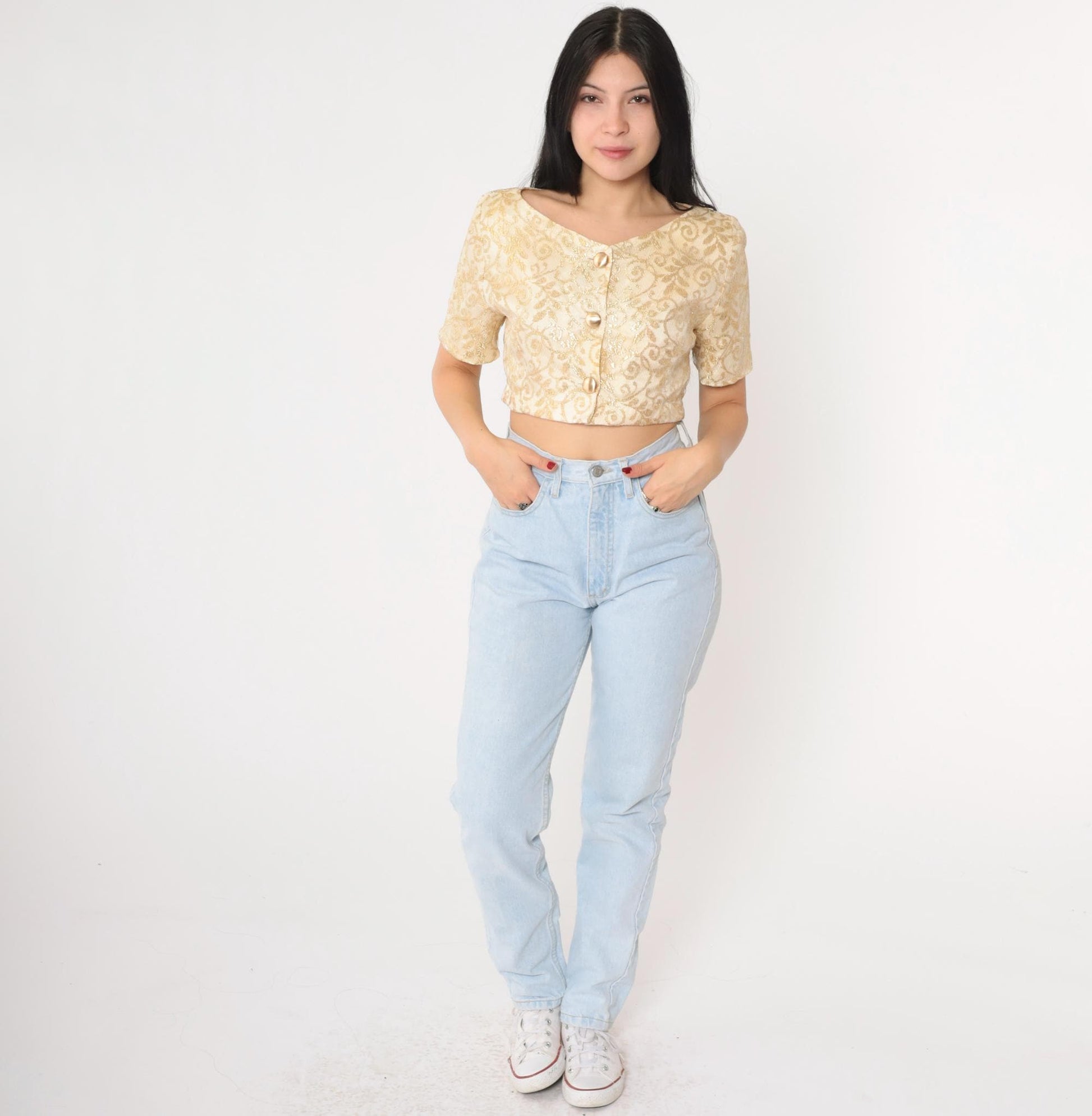 90s Cream Gold Metallic Lace Crop Top Button Up Blouse Small
