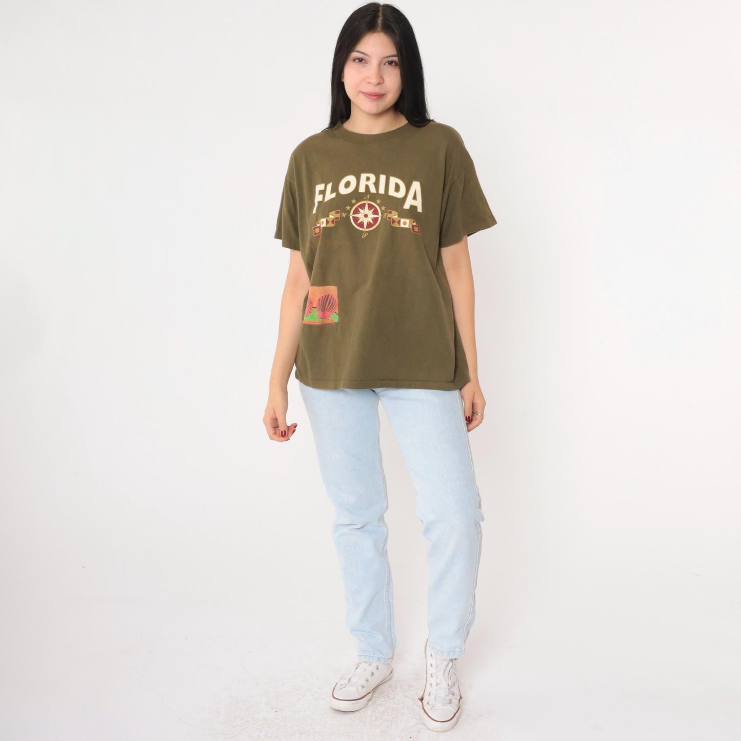 90s Florida Shell Compass Graphic T-Shirt Olive Green Tourist Tee Large L