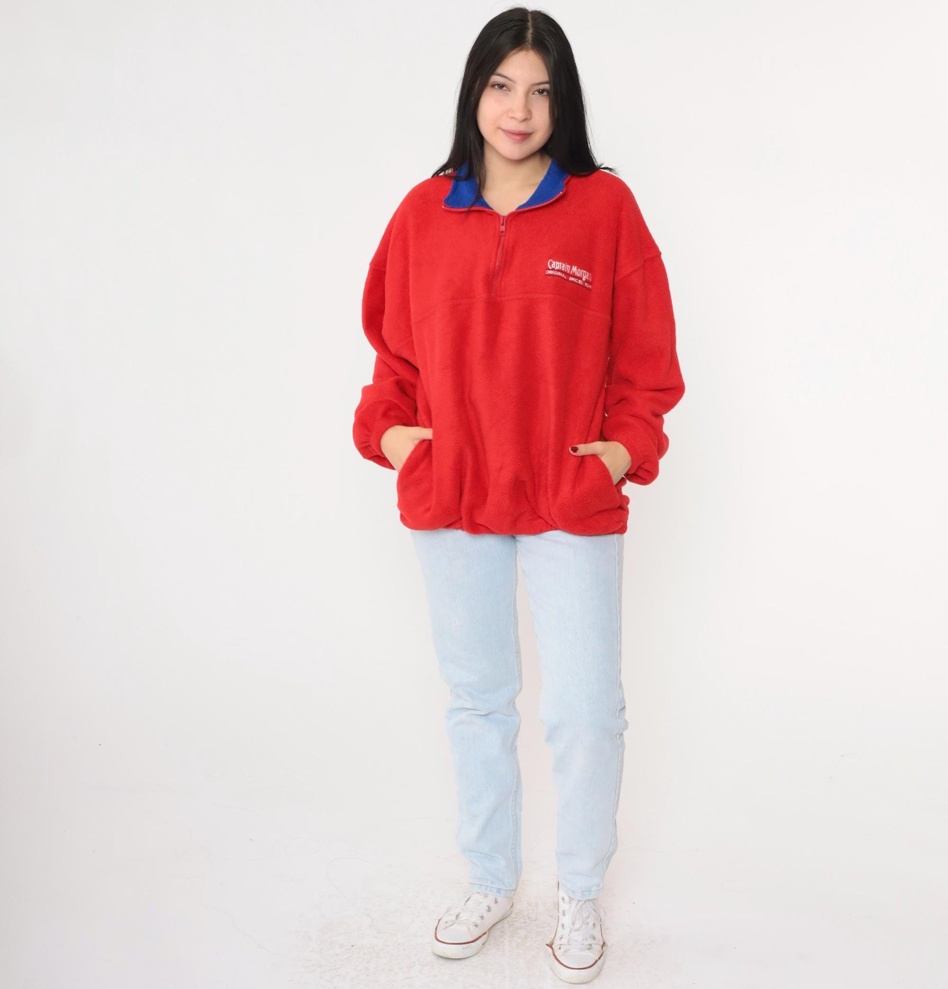 90s Captain Morgan Spiced Rum Quarter Zip Fleece Sweatshirt Red Extra Large XXL