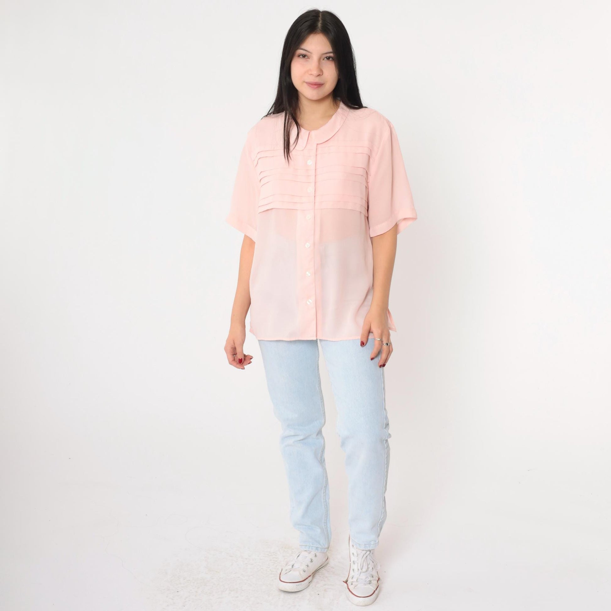 80s Chaus Baby Pink Chiffon Blouse Peter Pan Collar Pleated Short Sleeve Large