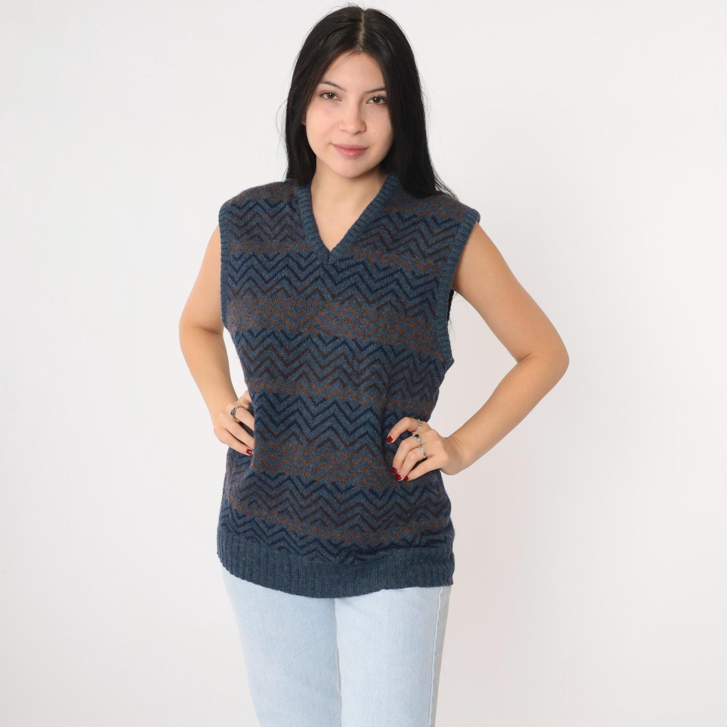 80s Robert Bruce Wool Blend Sweater Vest Zig Zag Stripe Blue V-Neck Medium