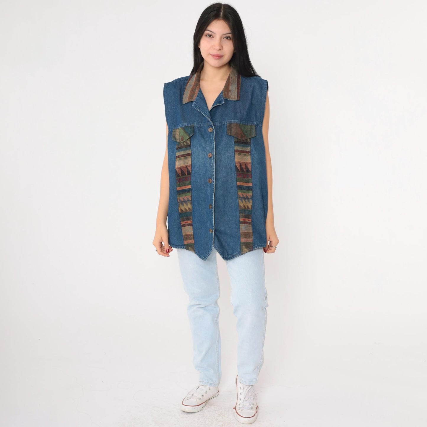 90s Southwestern Denim Vest Blue Tapestry Button Up Cotton Plus Size XXL