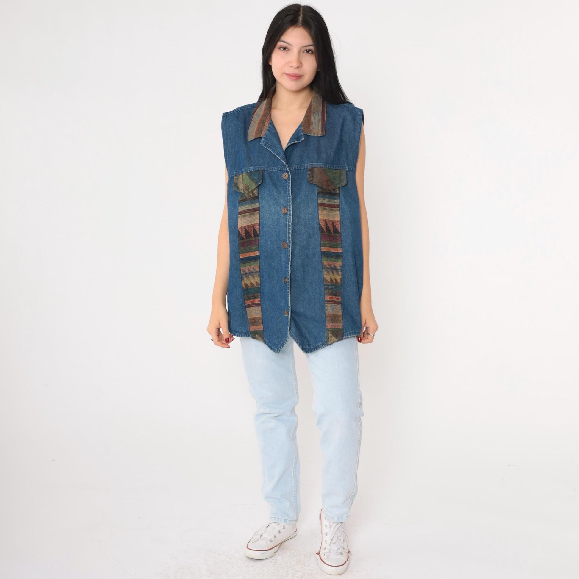 90s Southwestern Denim Vest Blue Tapestry Button Up Cotton Plus Size XXL