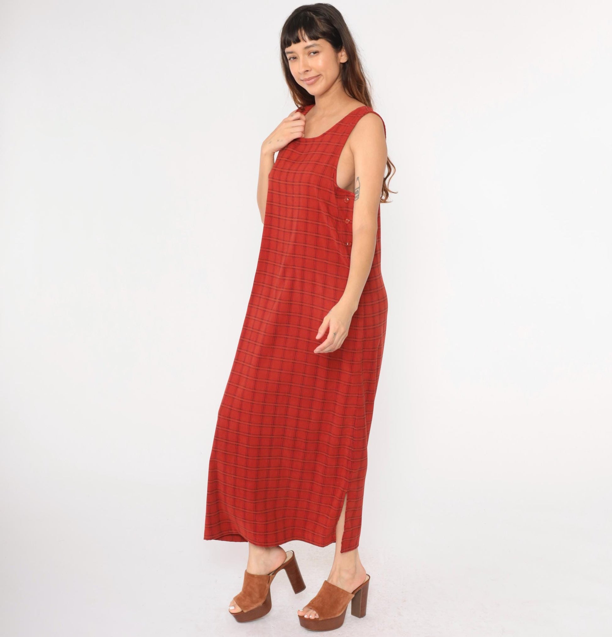 90s Red Checkered Maxi Pinafore Dress Scoop Neck Side Buttons Medium