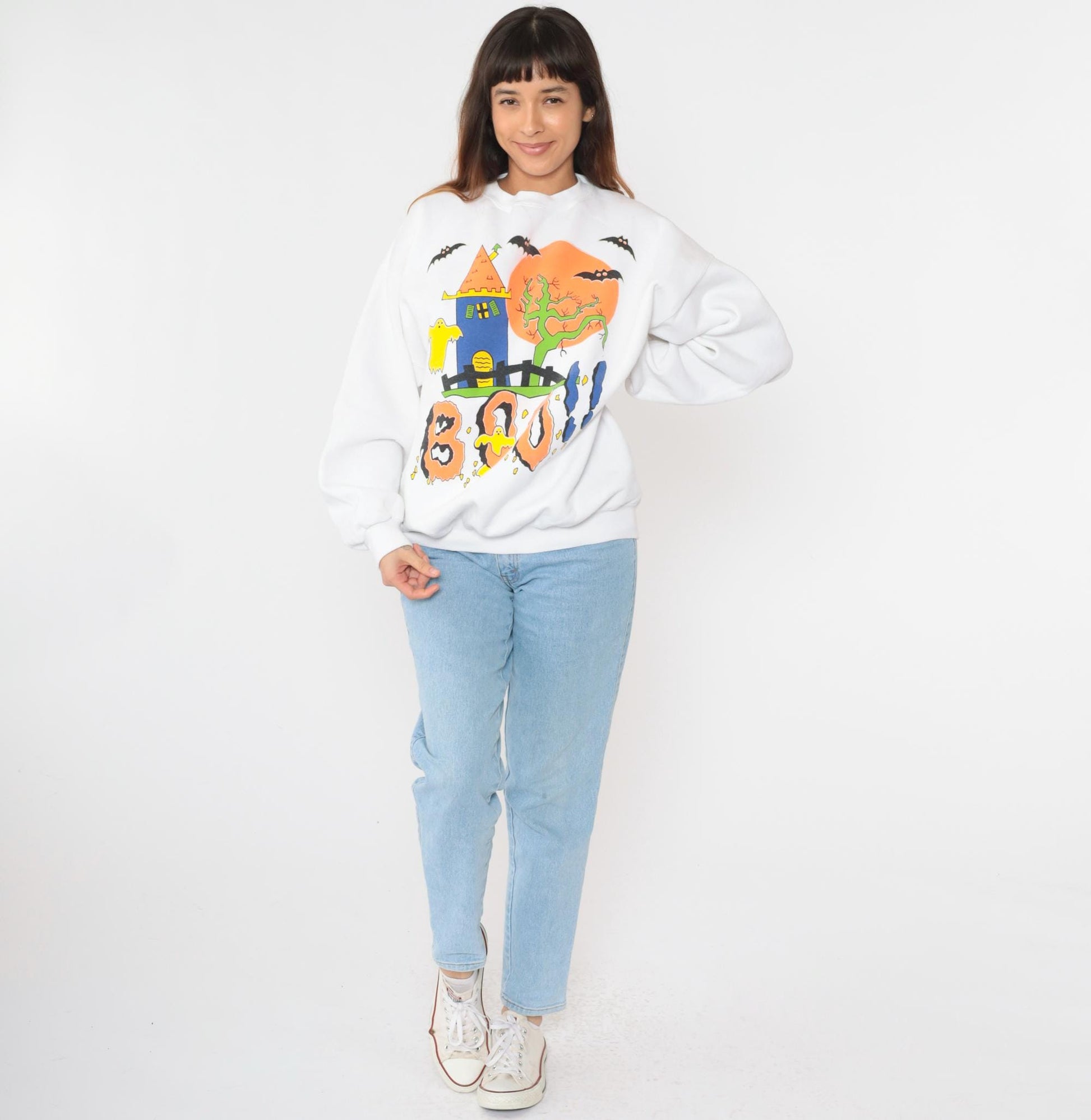90s Tultex Halloween Sweatshirt Haunted House Boo Ghosts White Extra Large XXL