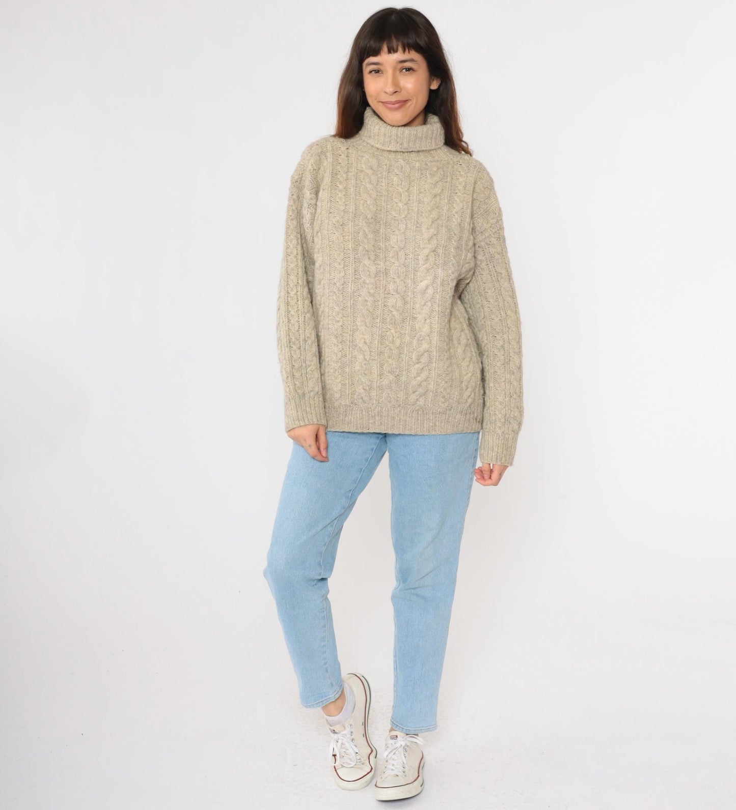 80s Beige Cable Knit Turtleneck Sweater Flecked Pullover Large