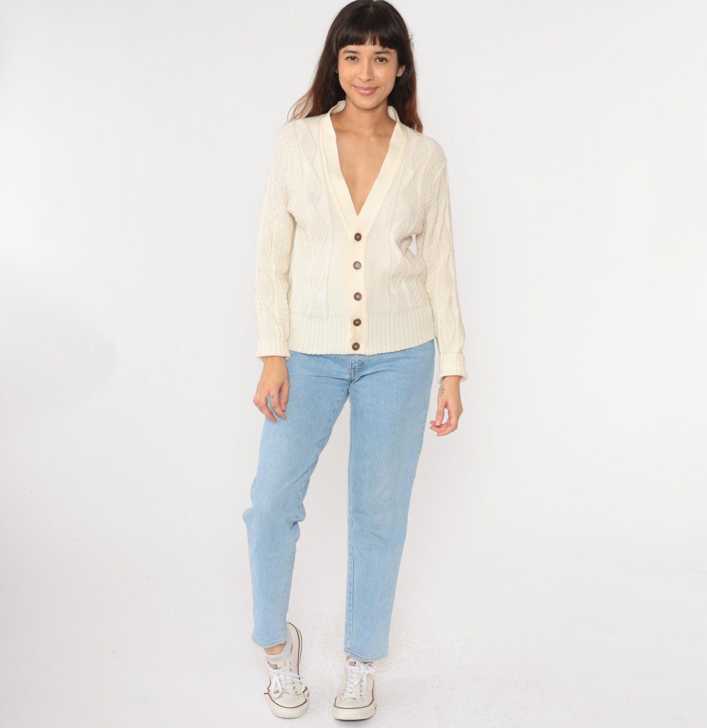 70s Fishers Castleton Cream Cardigan Diamond Knit V-Neck Button-Up Small