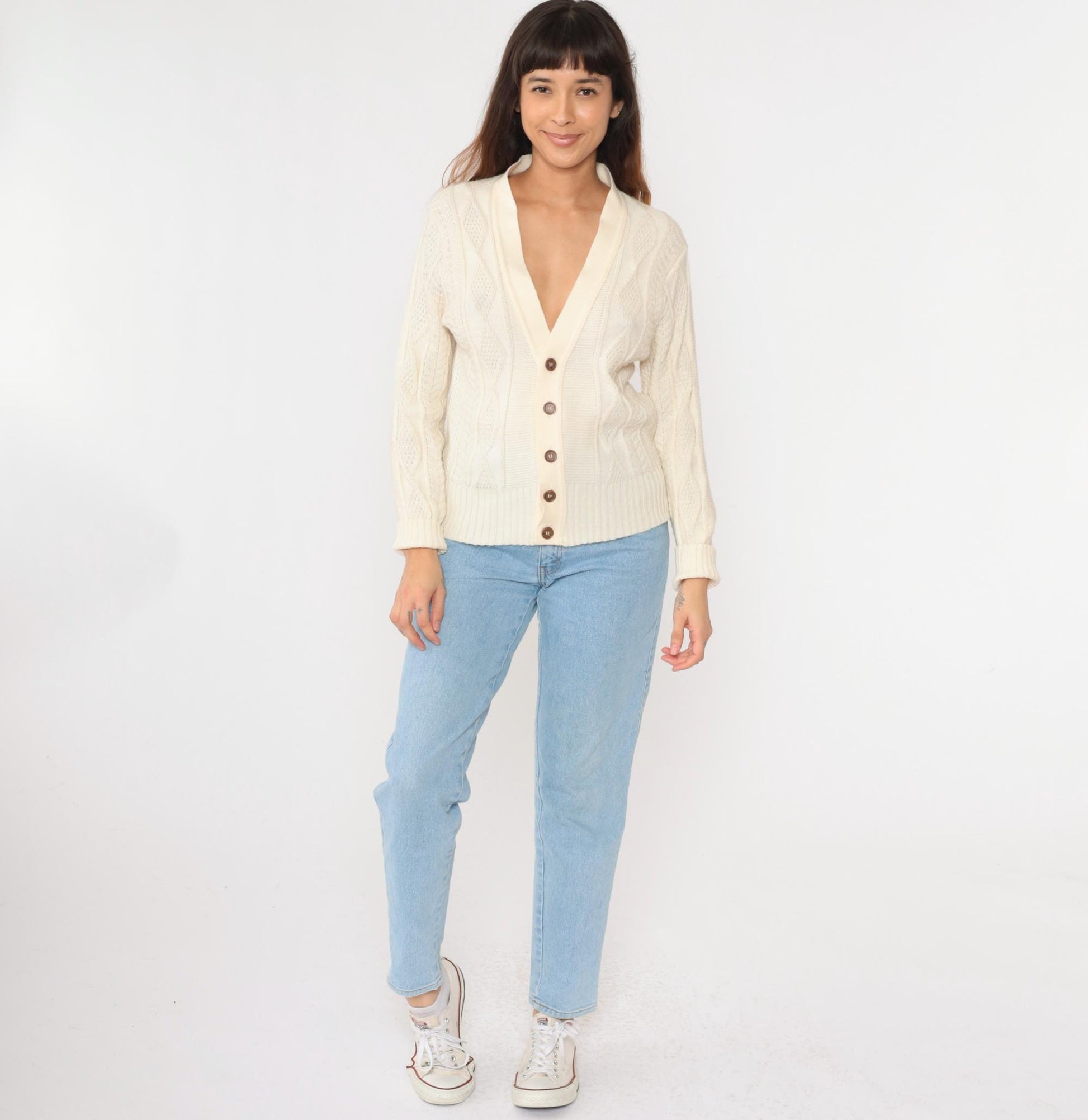 70s Fishers Castleton Cream Cardigan Diamond Knit V-Neck Button-Up Small