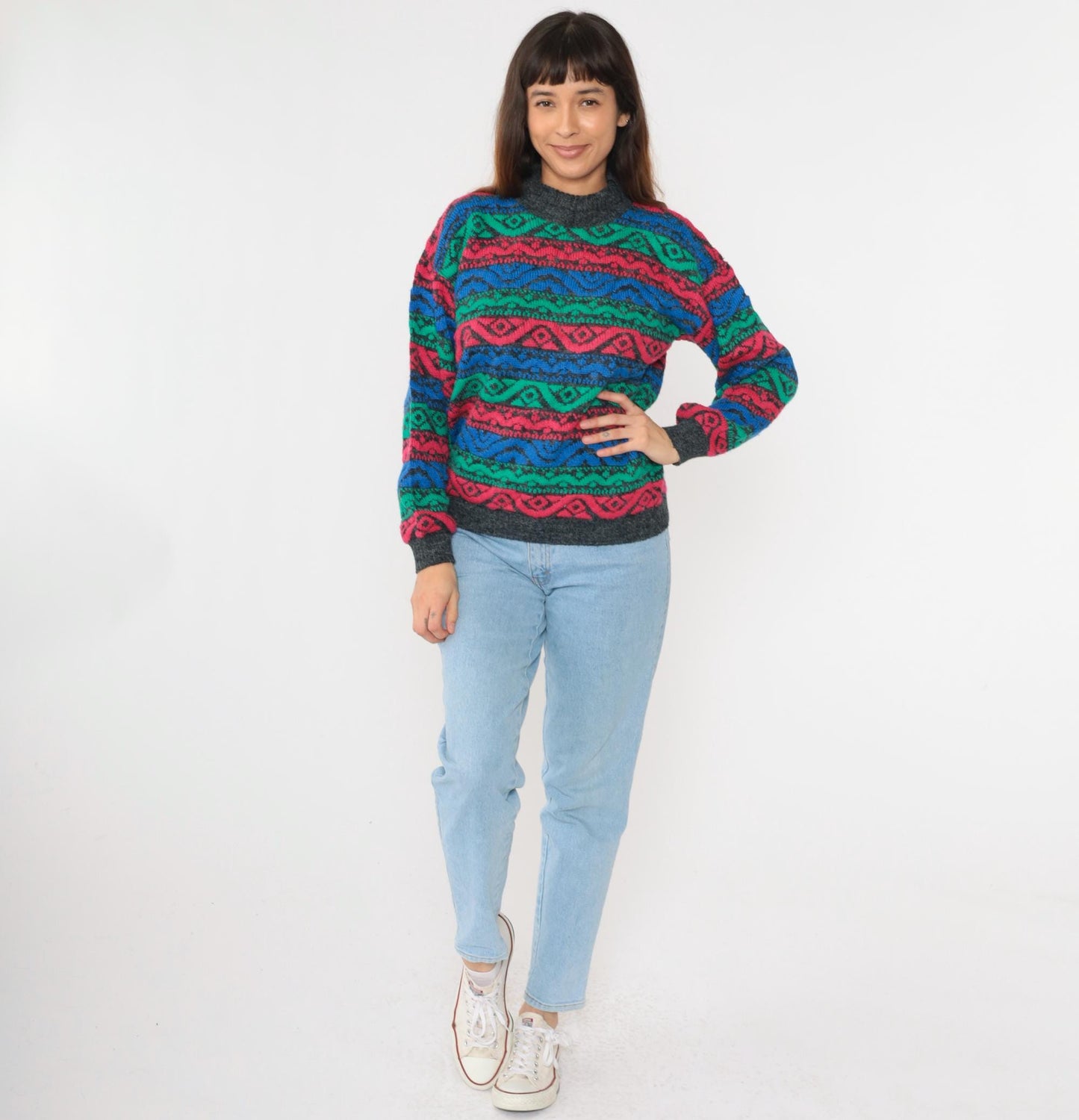 80s Nan Dorsey Geometric Striped Mock Neck Sweater Blue Green Red Medium