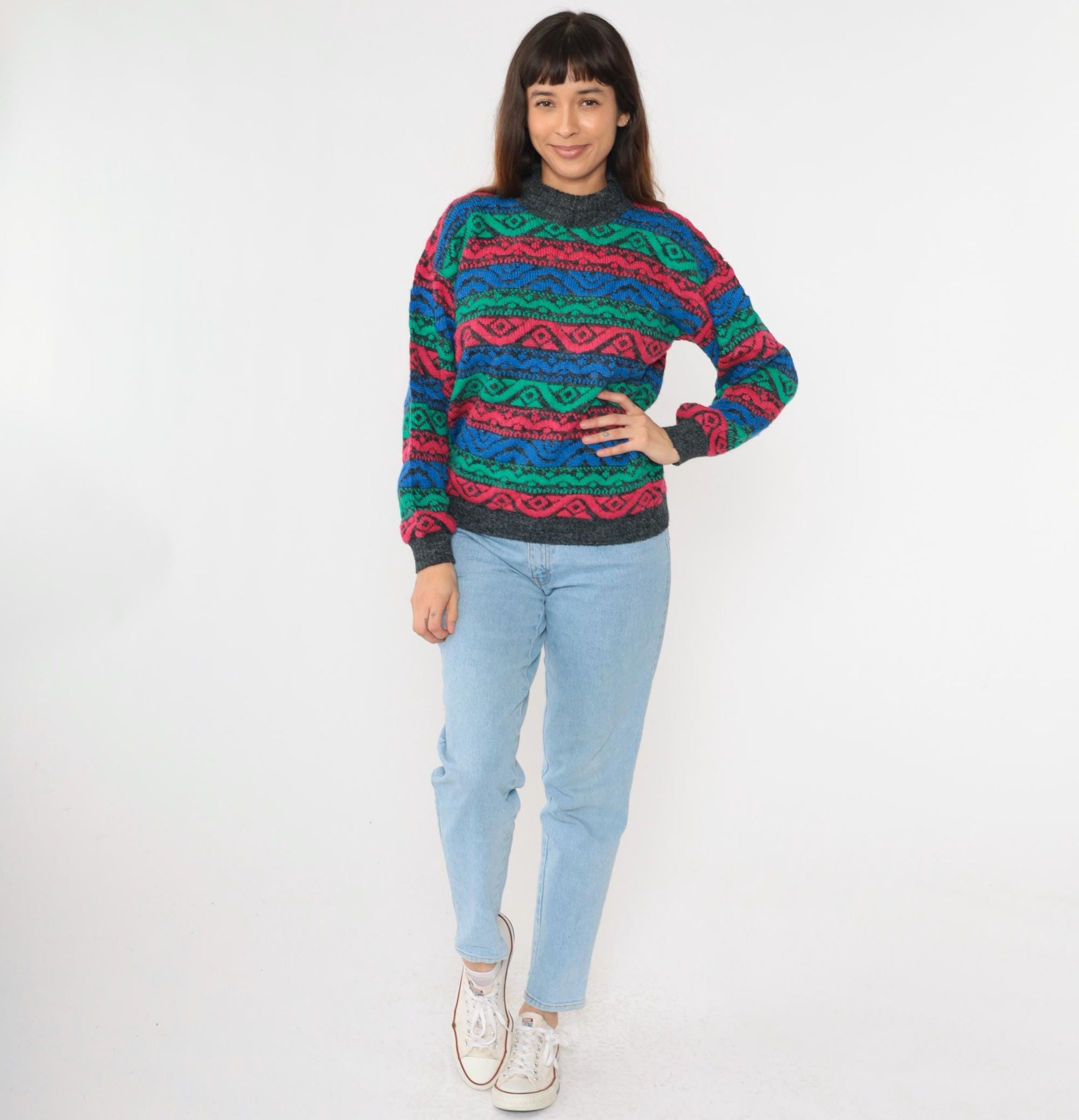 80s Nan Dorsey Geometric Striped Mock Neck Sweater Blue Green Red Medium