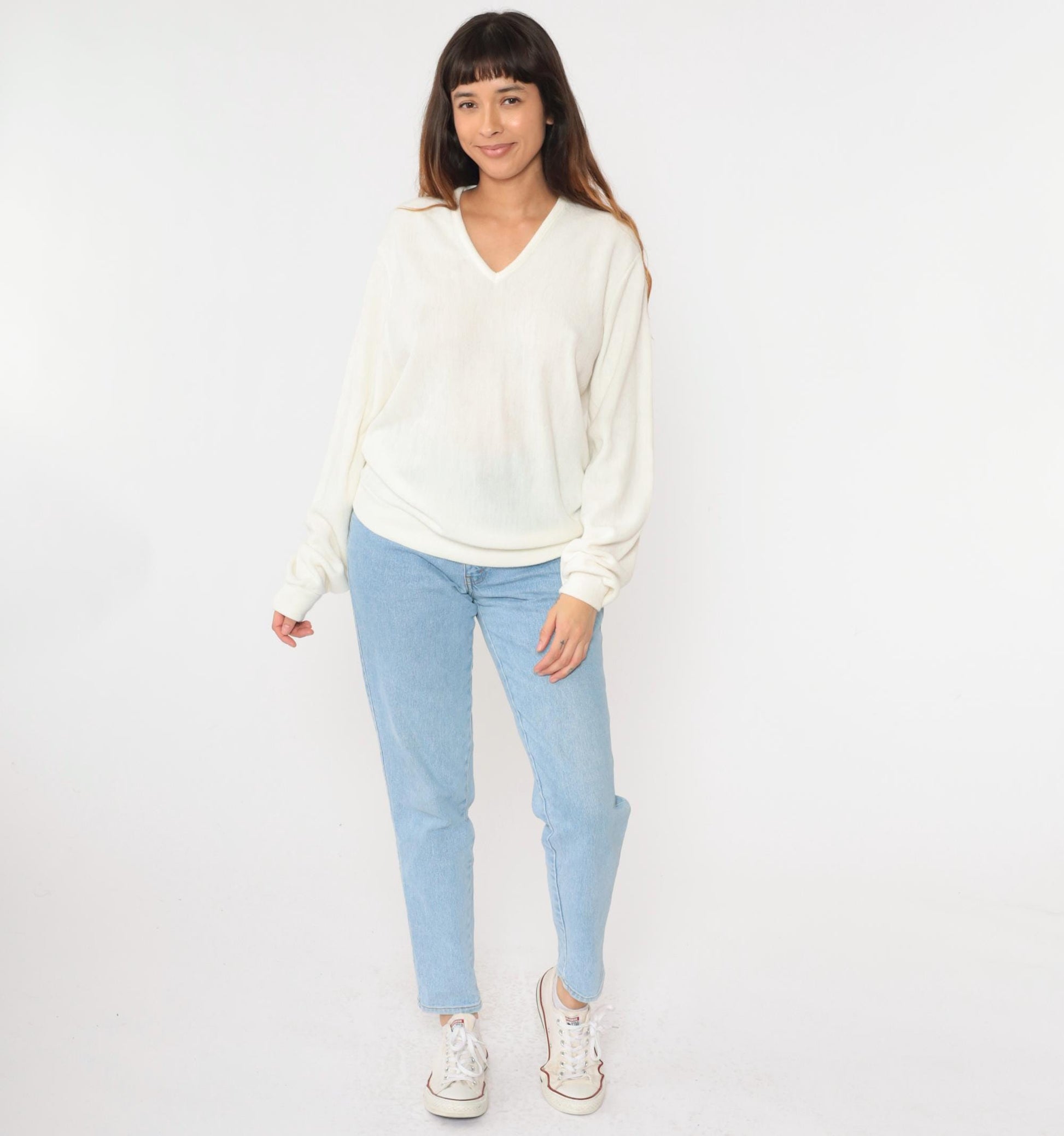 80s Sportswear by Bryant White V-Neck Knit Sweater Pullover Large L