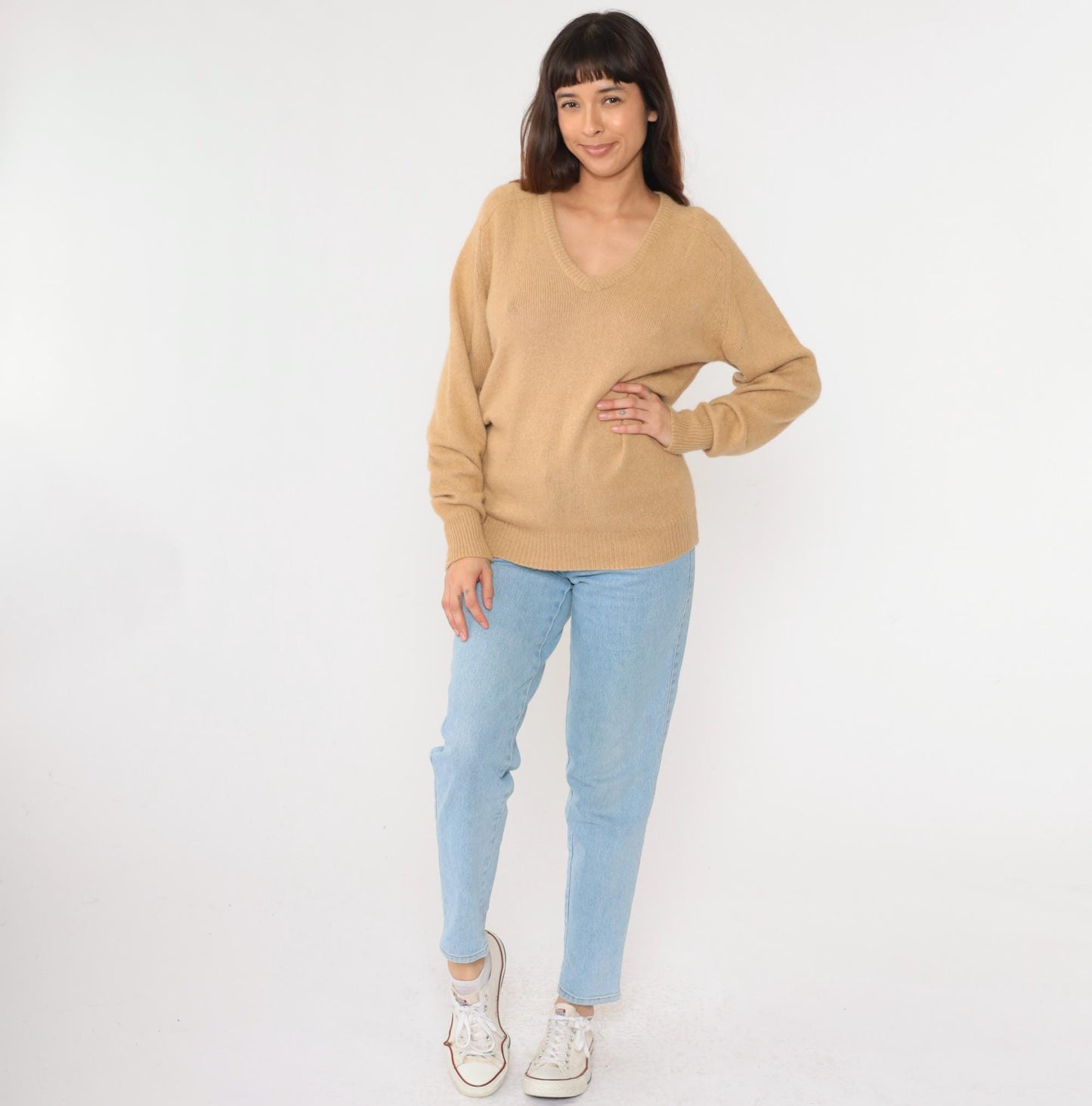 80s Tan V-Neck Knit Sweater Slouchy Pullover Small