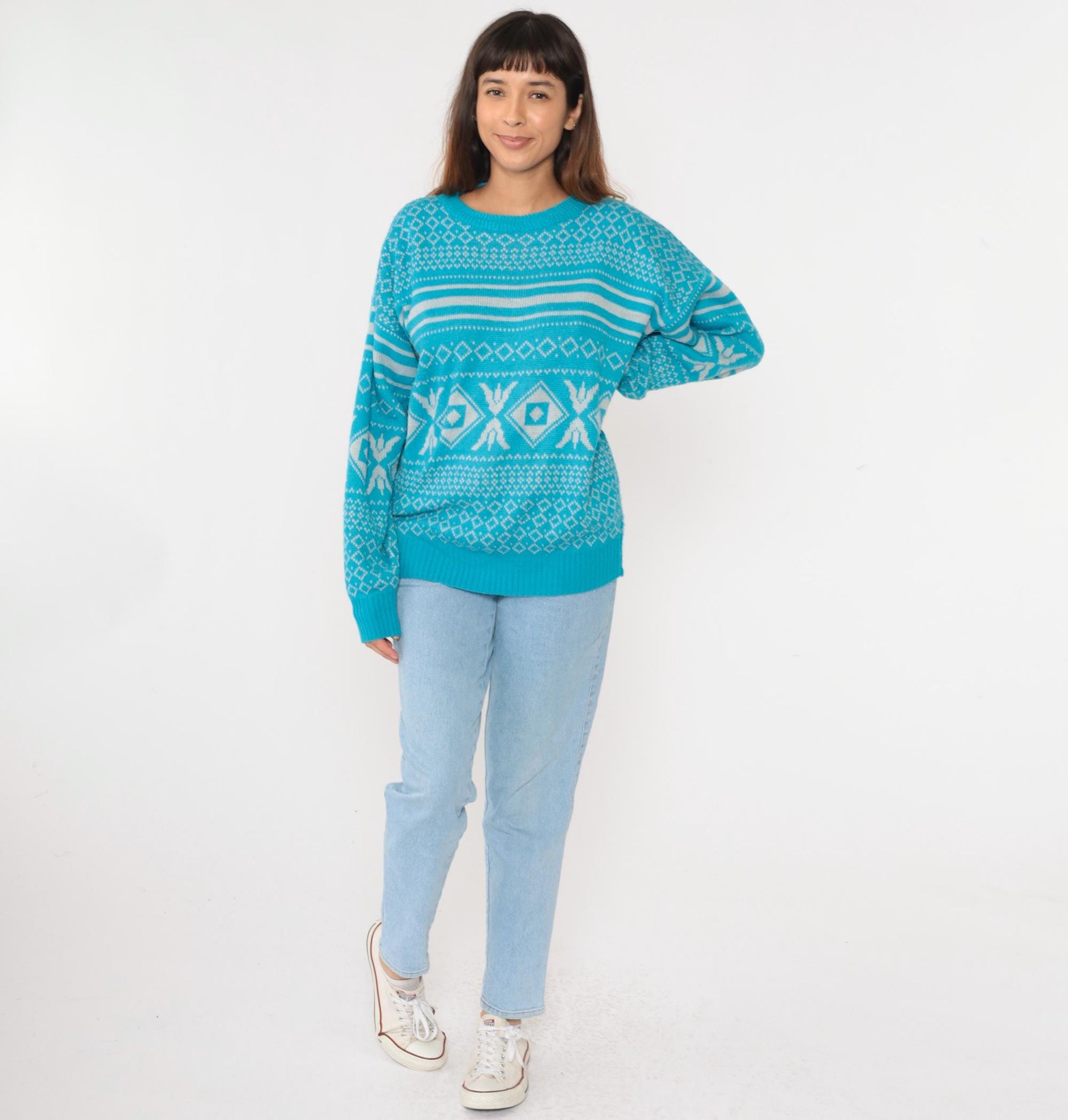 80s Geometric Knit Sweater Bright Blue Diamond Abstract Crewneck Medium M