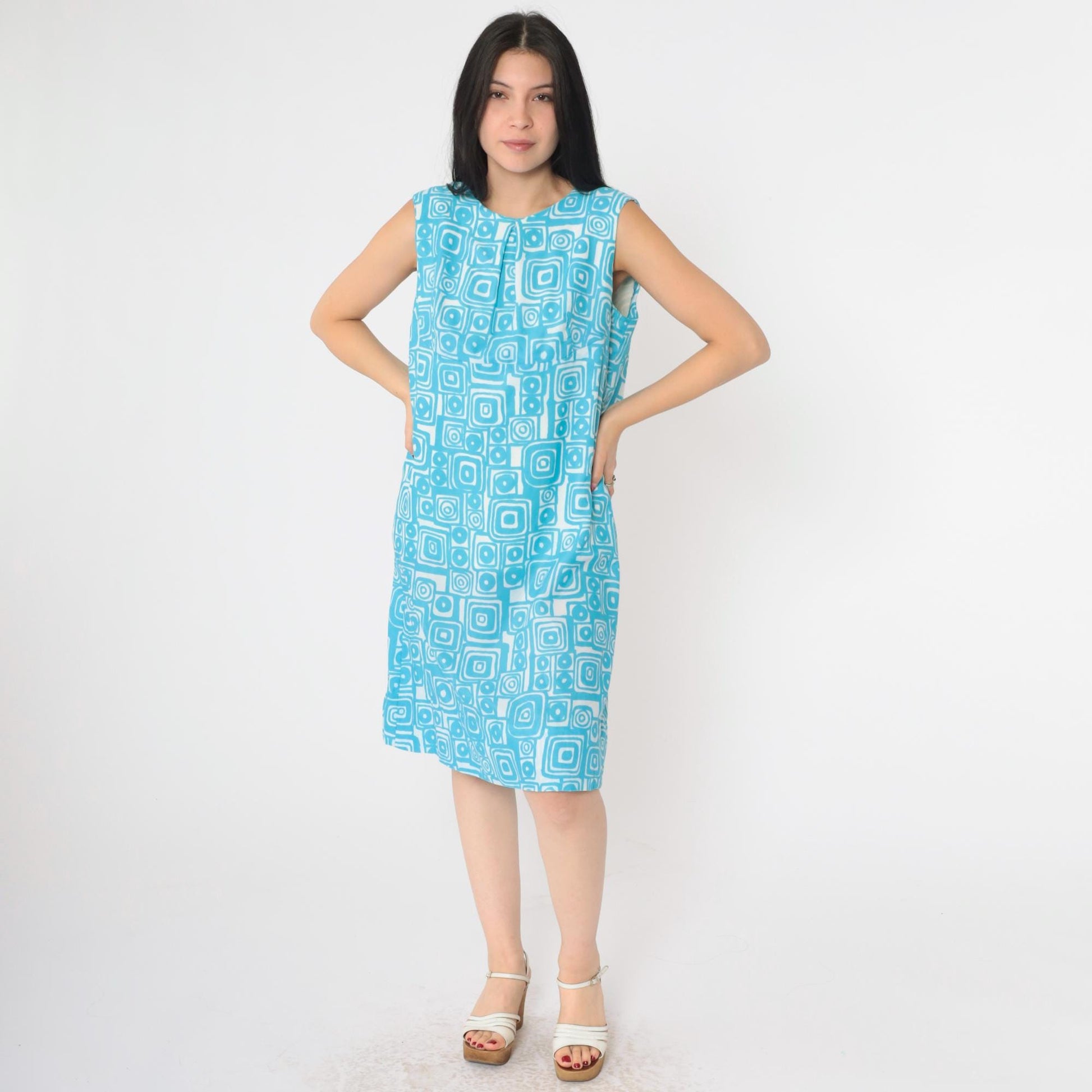 60s Mod Shift Dress Blue Geometric Print Sleeveless Knee-Length Large L