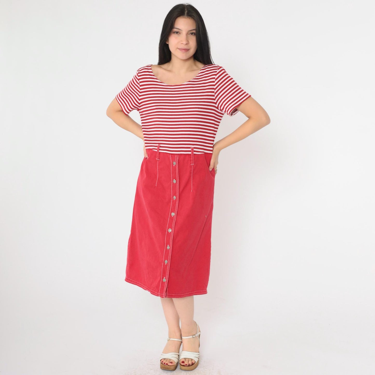 90s Red White Striped Button-Up Midi Dress High Waist Short Sleeve Medium