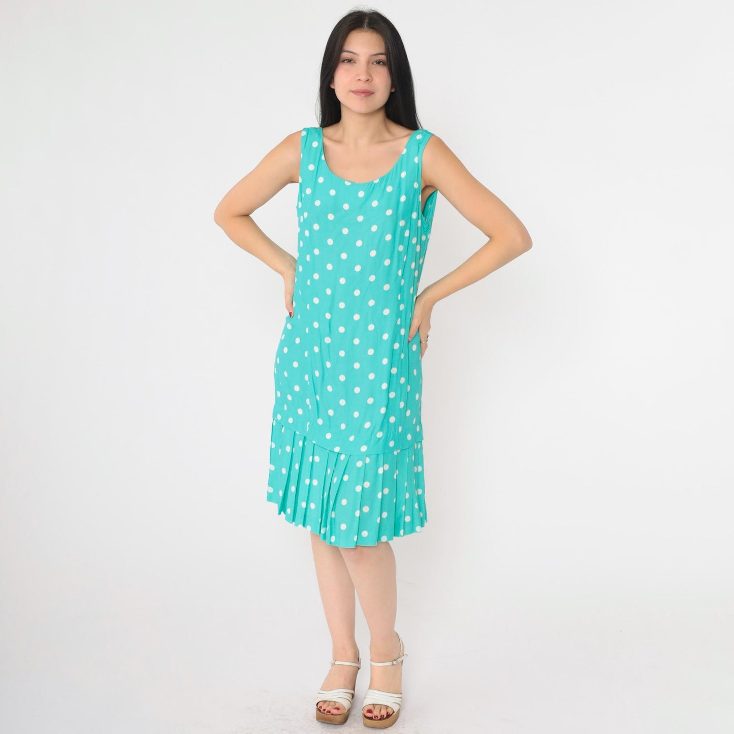 80s Jessica Howard Polka Dot Shift Dress Turquoise Sleeveless Knee Length Medium