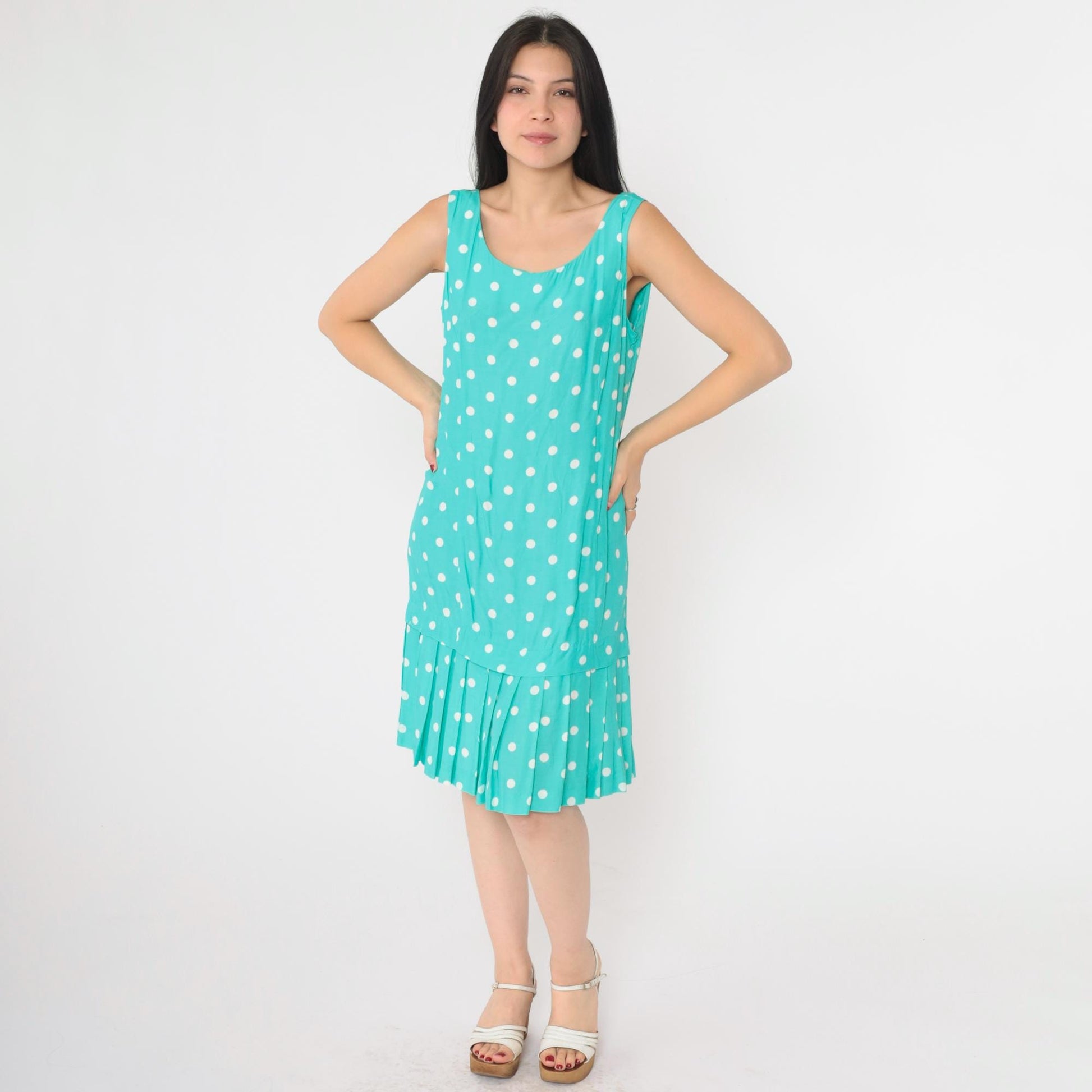 80s Jessica Howard Polka Dot Shift Dress Turquoise Sleeveless Knee Length Medium