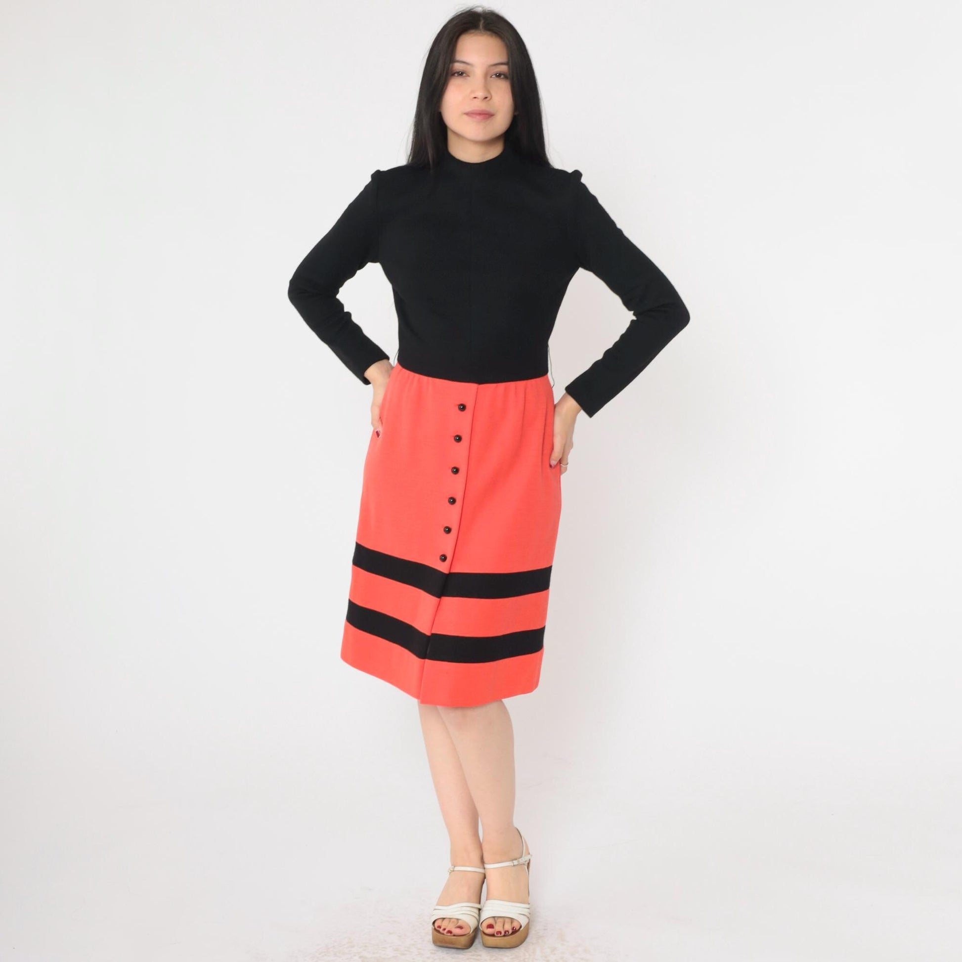 60s Wool Mock Neck Dress Black Orange Striped Knee-Length High Waist Small