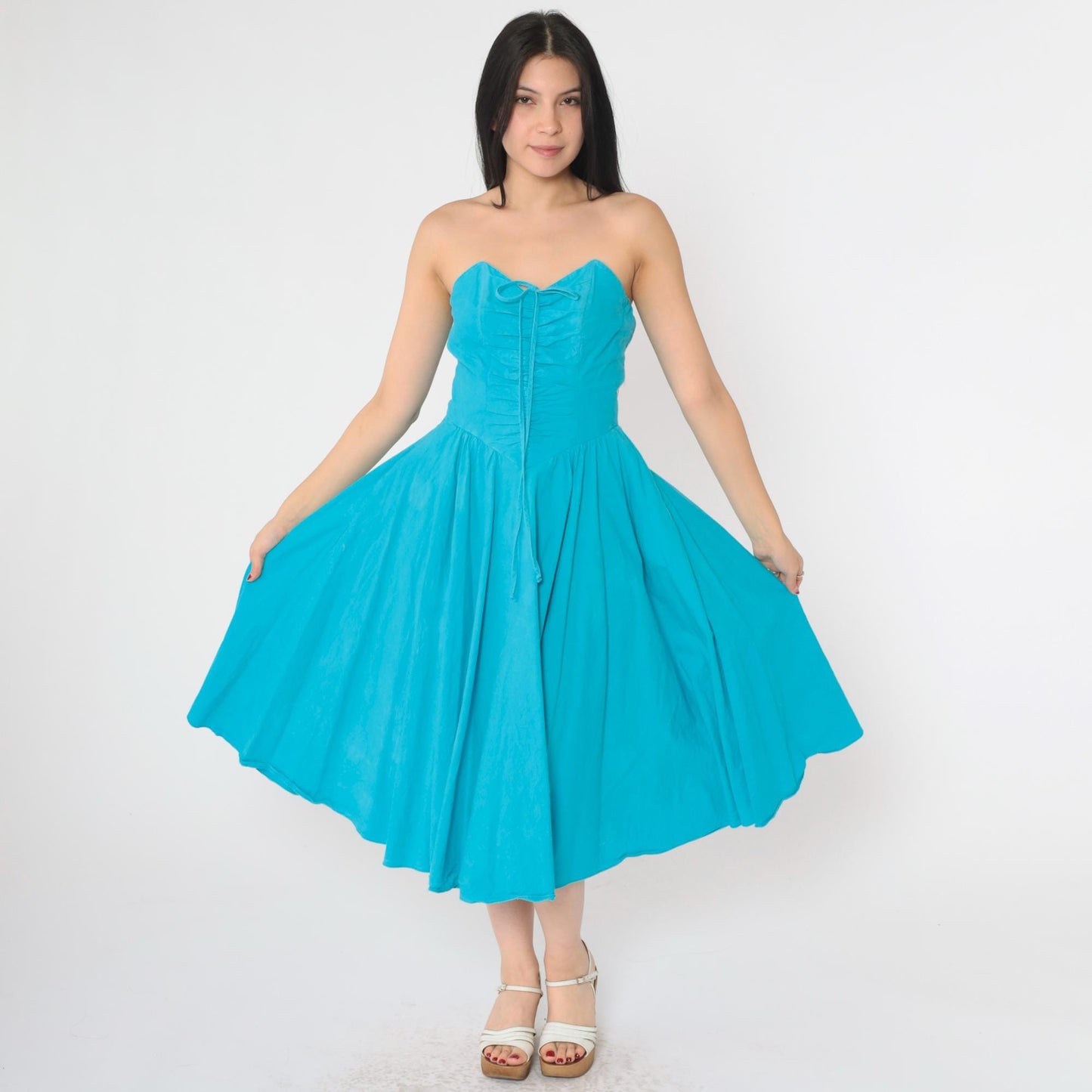 80s Turquoise Strapless Sweetheart Midi Dress Smocked Ruched Cotton Medium