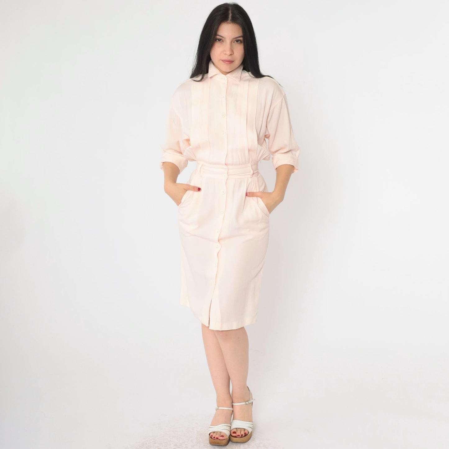 80s Peach Pink Button-Up Midi Dress Cuffed 3/4 Sleeve Pencil Cut XXS